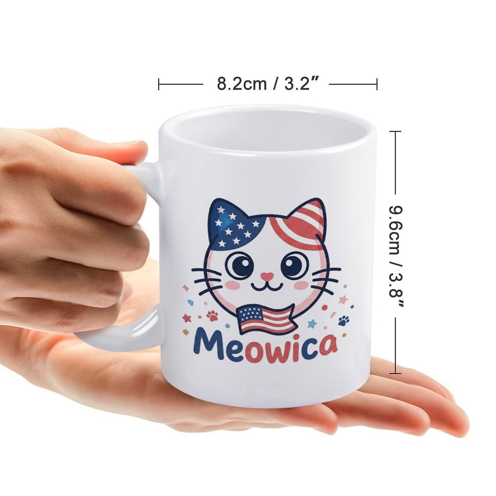 Handheld 11oz ceramic mug 8.2cm×9.6cm, cute flag ear Meowica cat printed household beverage mug