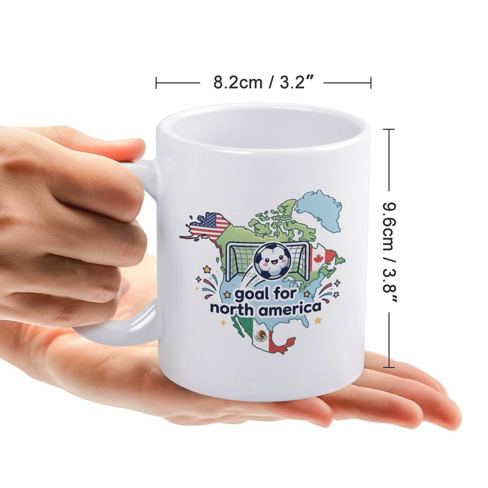 Size reference shot of the mug, showing its width and height while being held in a hand