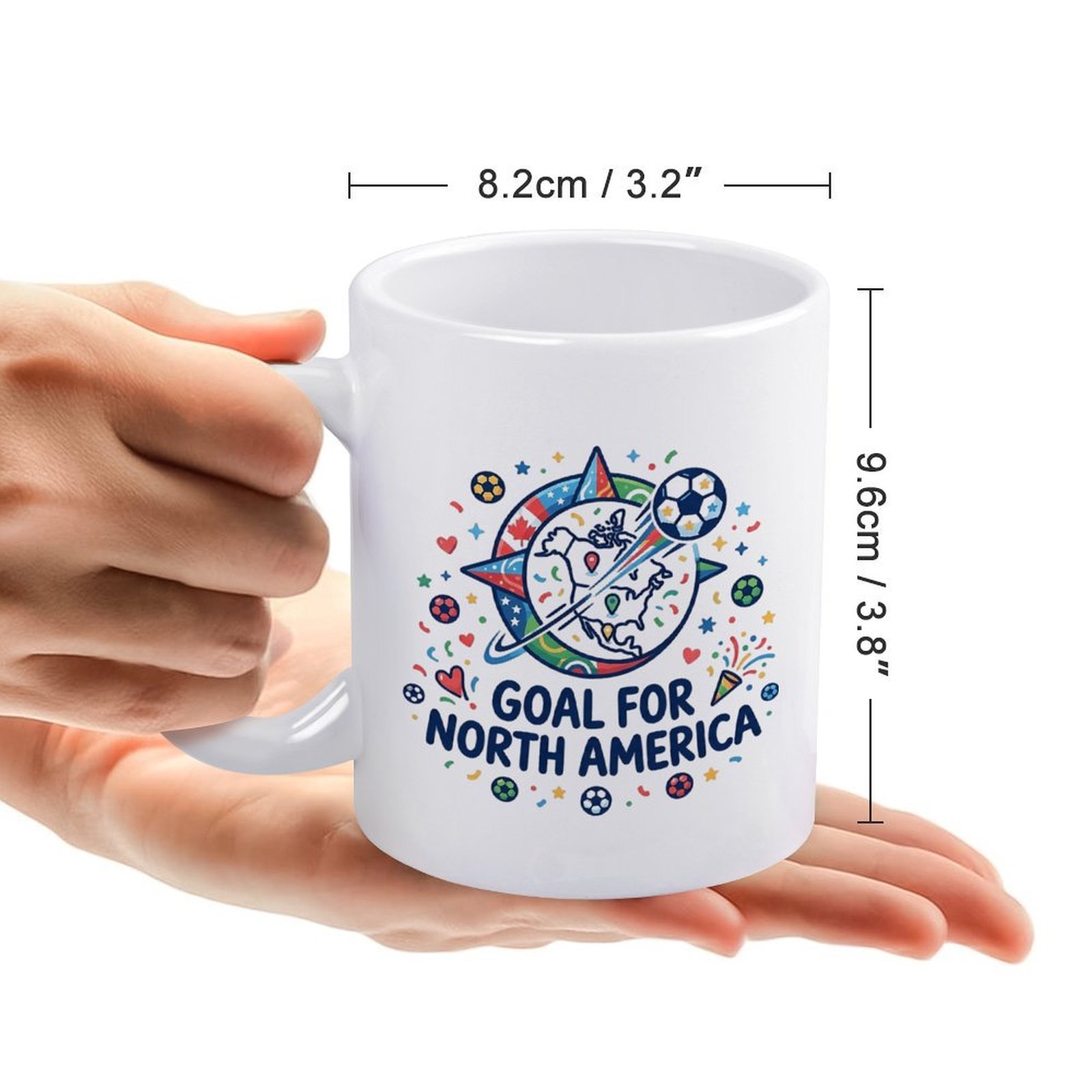 Size reference shot of the mug, showing its width and height while being held in a hand