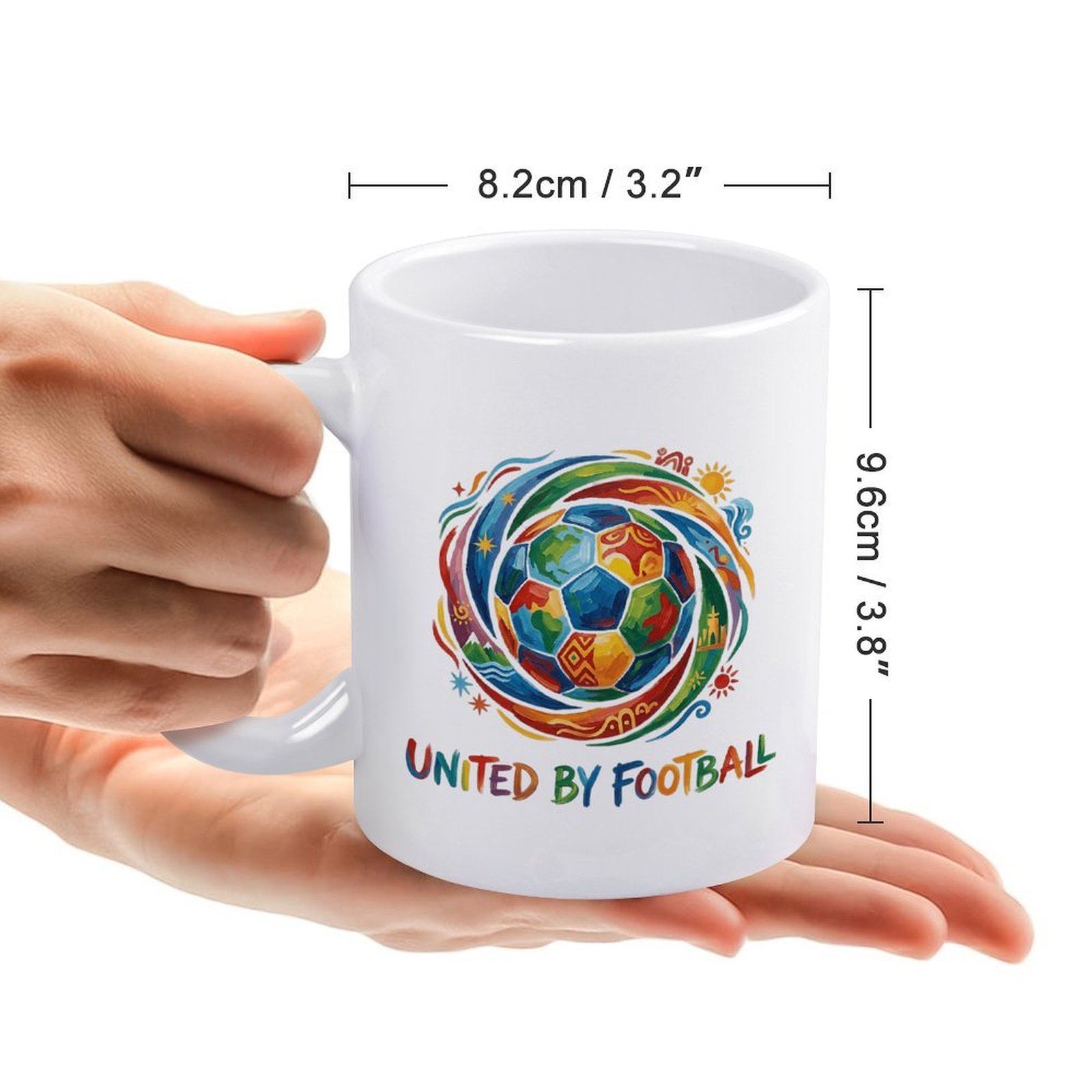 Size reference shot of the mug, showing its width and height while being held in a hand