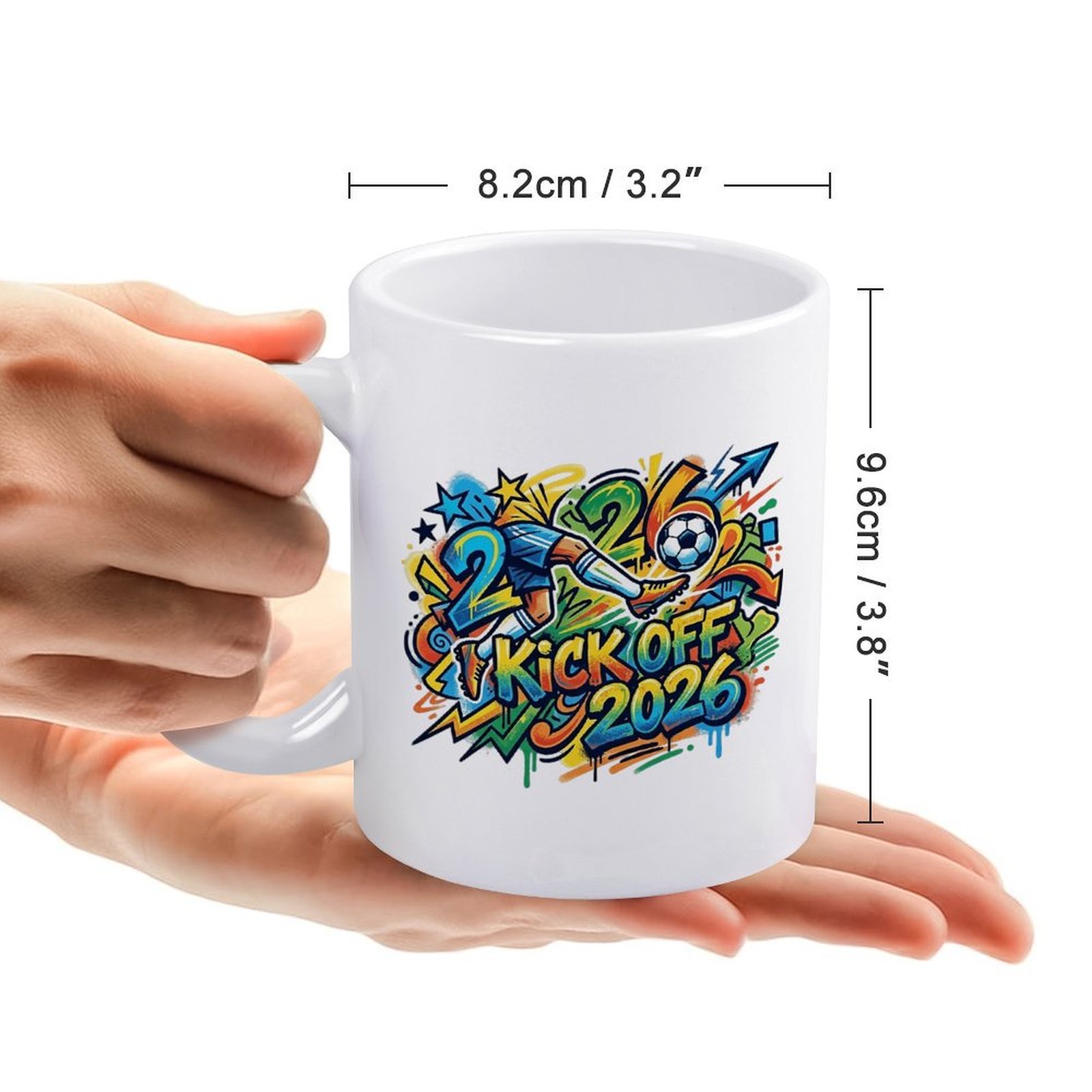 Size reference shot of the mug, showing its width and height while being held in a hand
