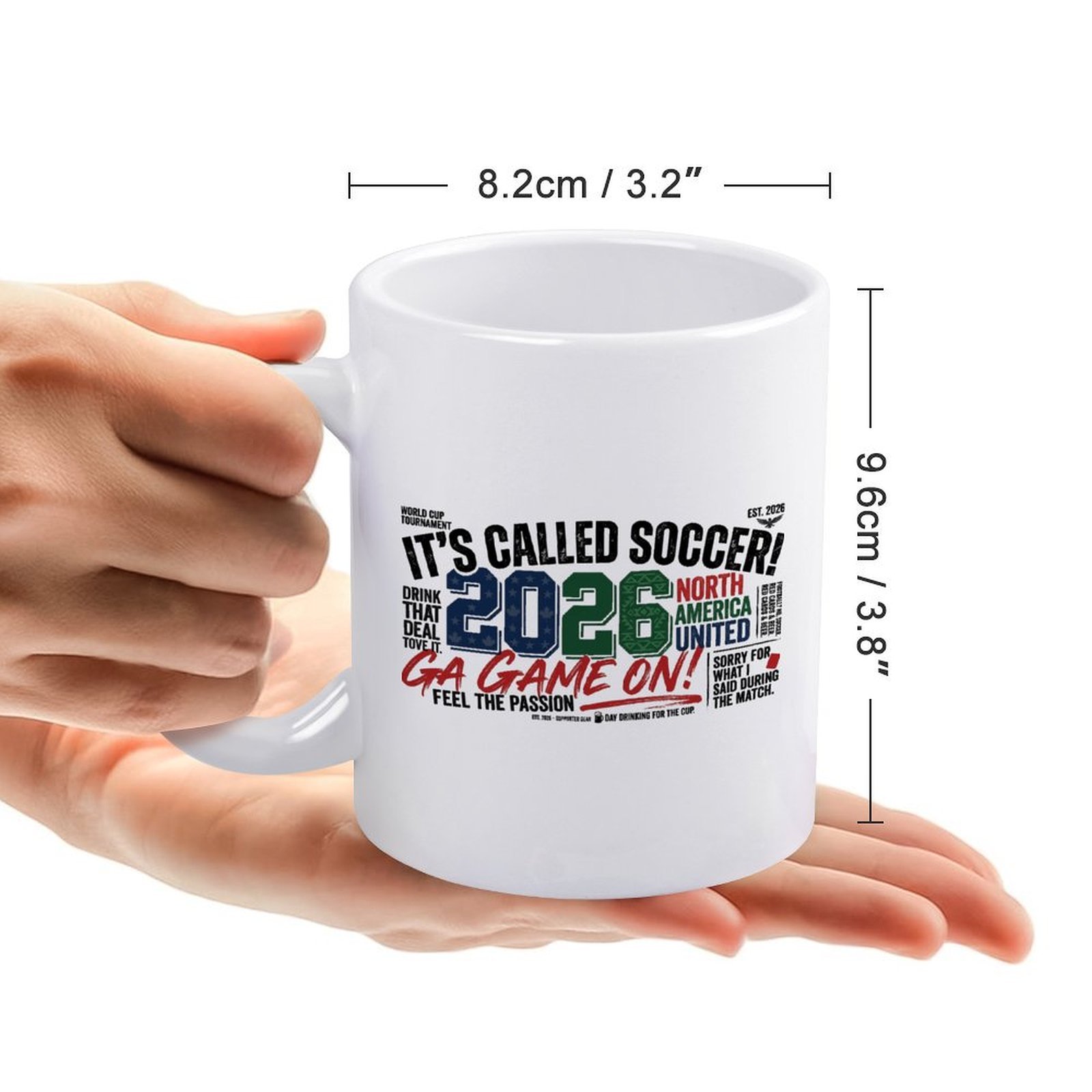 Size chart for the mug, displaying dimensions: 8.2cm/3.2" diameter, 9.6cm/3.8" height, held in a hand for scale.