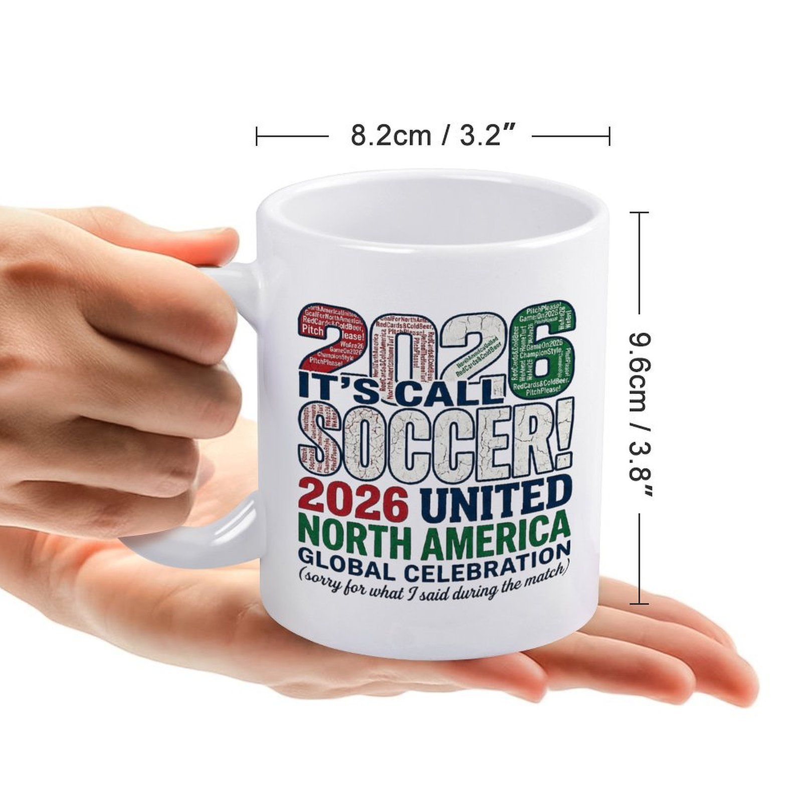 Size chart for the mug, displaying dimensions: 8.2cm/3.2" diameter, 9.6cm/3.8" height, held in a hand for scale.