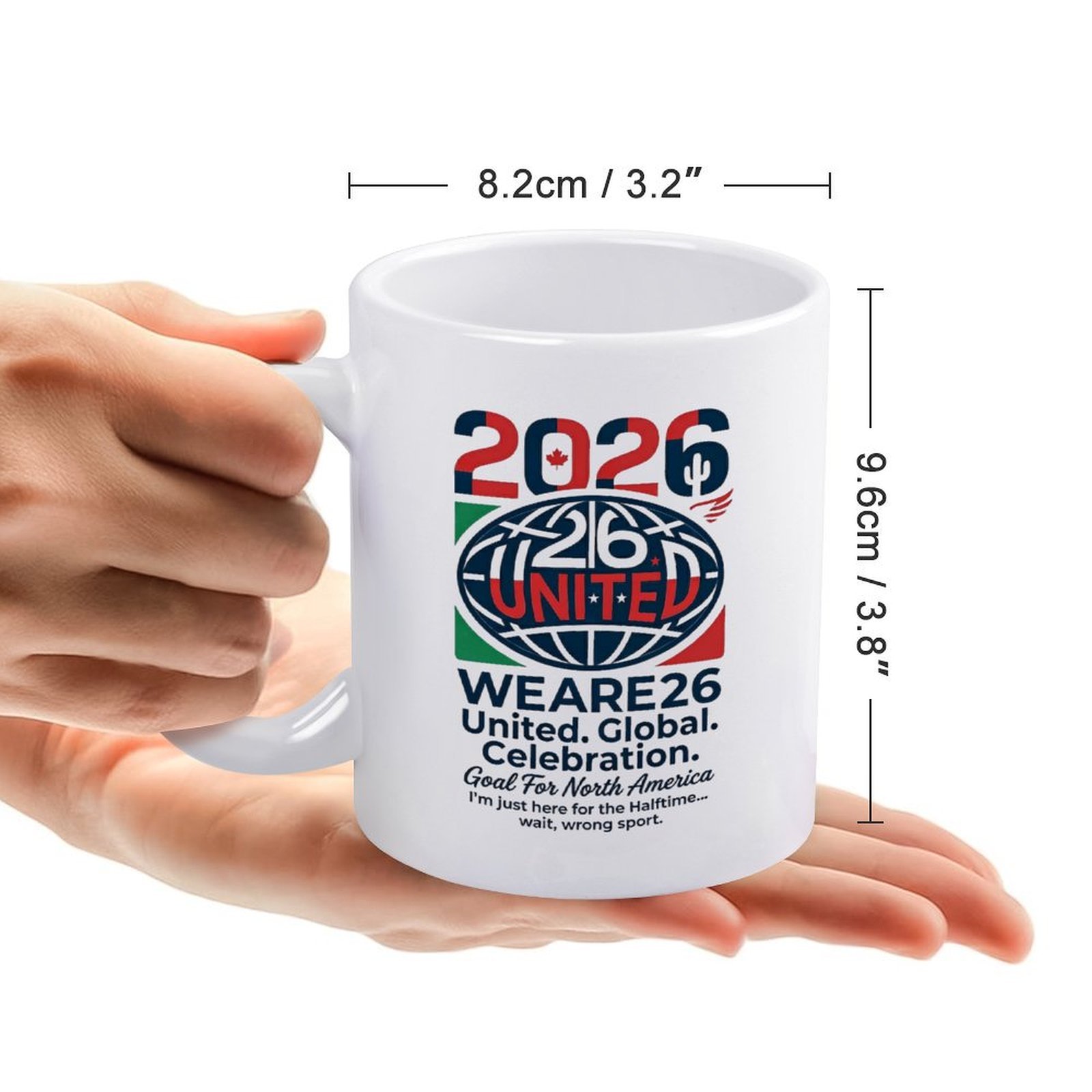 Size chart for the mug, displaying dimensions: 8.2cm/3.2" diameter, 9.6cm/3.8" height, held in a hand for scale.