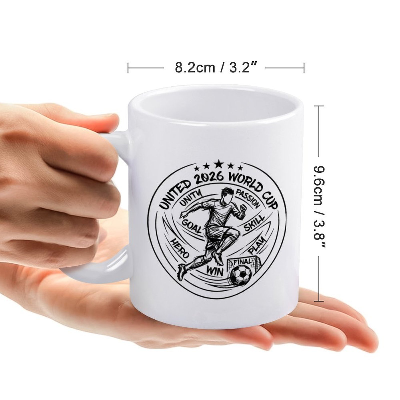 Size chart for the mug, displaying dimensions: 8.2cm/3.2" diameter, 9.6cm/3.8" height, held in a hand for scale.