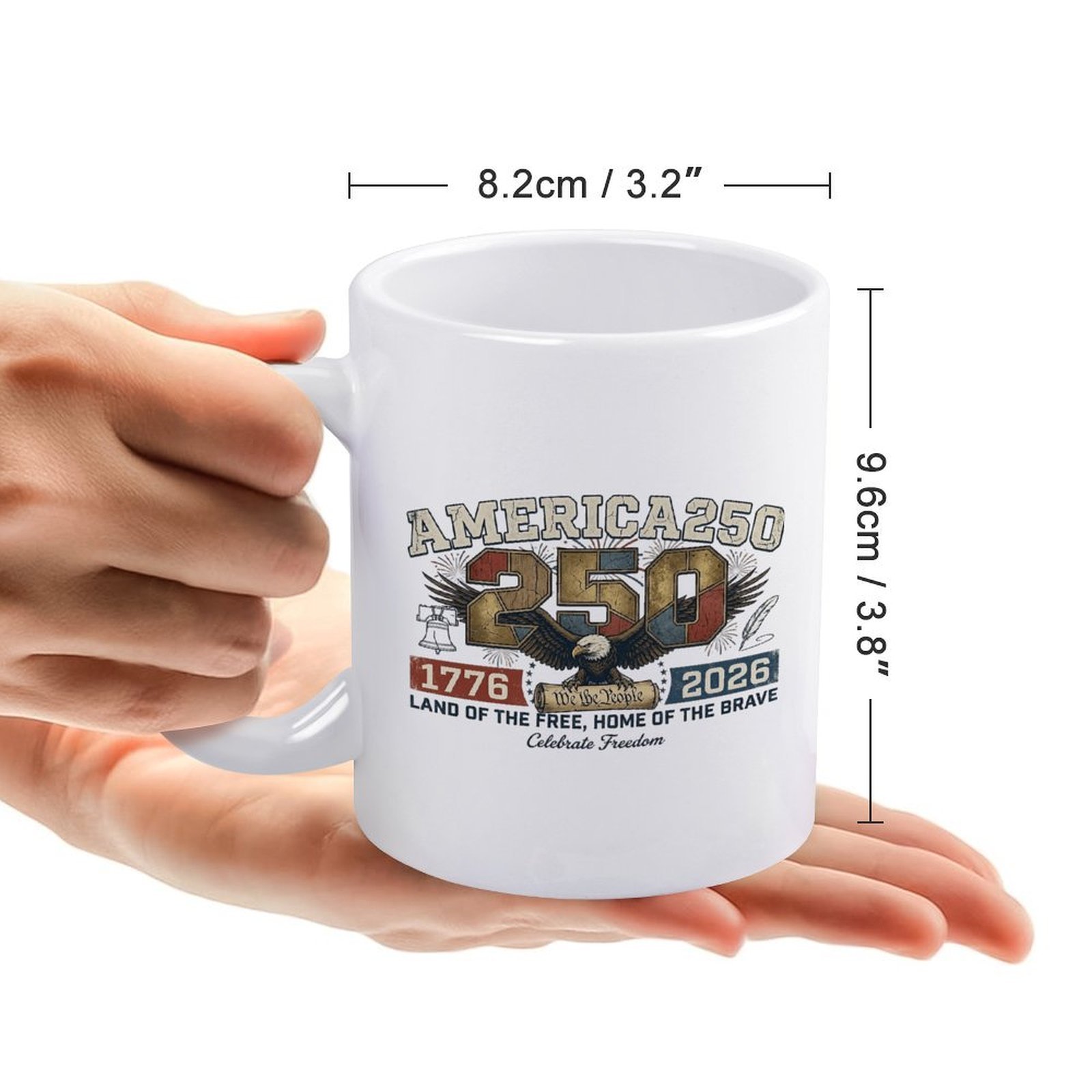 Dimension chart for 11oz America 250 patriotic eagle coffee mug, 3.2''×3.8'' standard white ceramic cup size display
