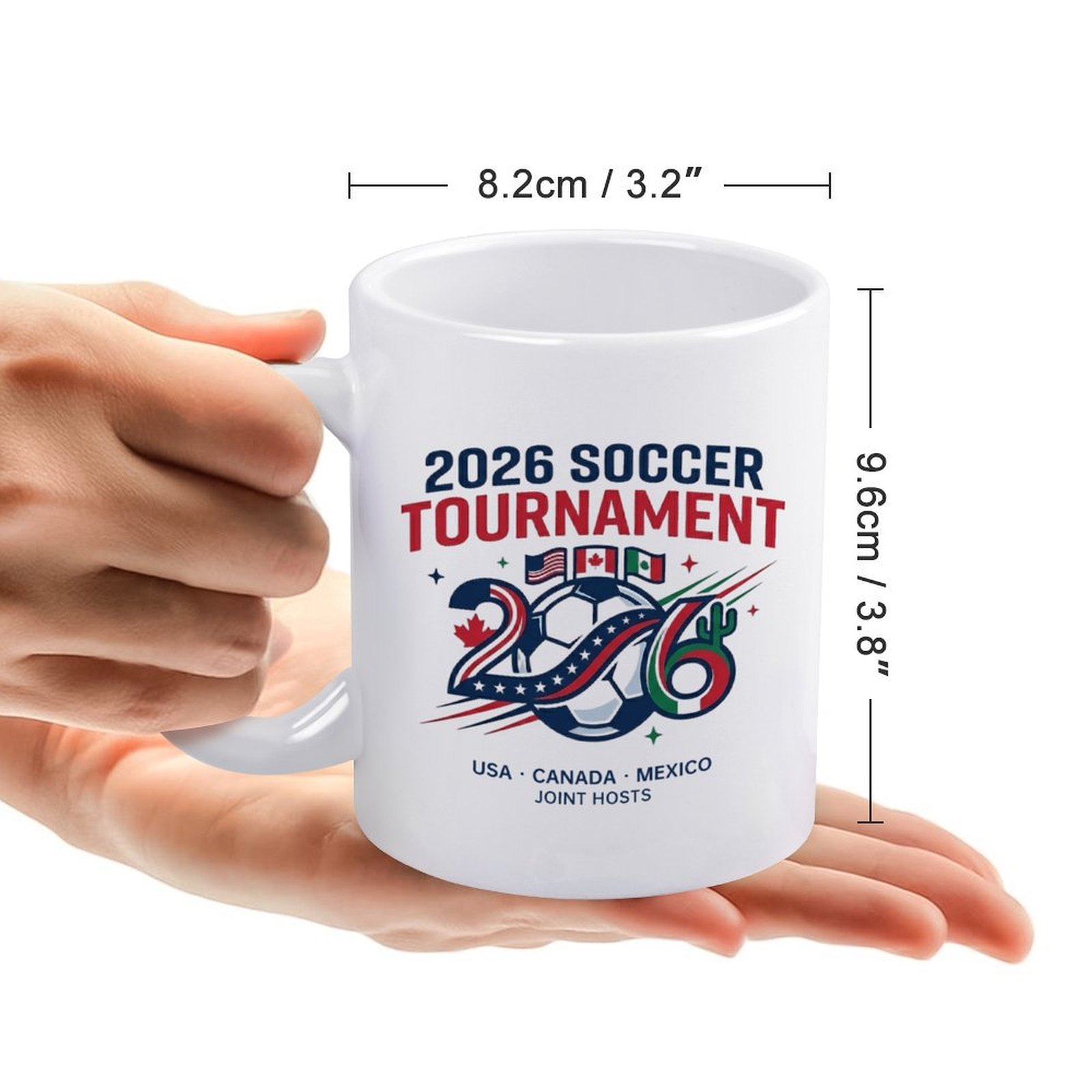 Size chart for the mug, displaying dimensions: 8.2cm/3.2" diameter, 9.6cm/3.8" height, held in a hand for scale.