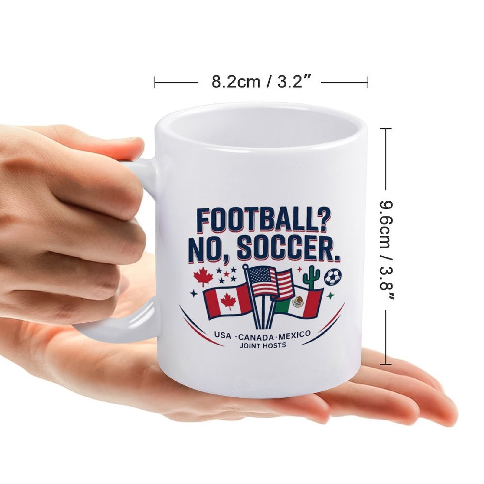 Size guide: the mug measures 8.2cm/3.2" in diameter and 9.6cm/3.8" in height, held in a hand.
