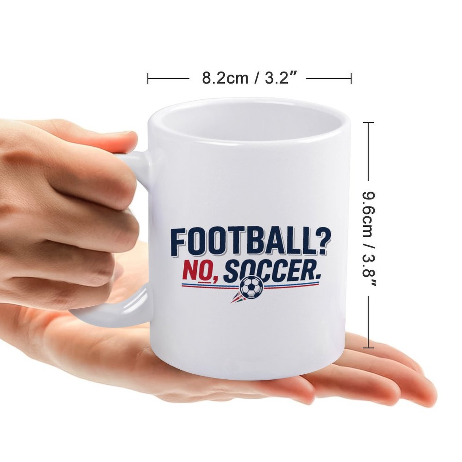 Size specification shot: the mug has a 8.2cm (3.2") diameter and 9.6cm (3.8") height, held in hands for scale reference.