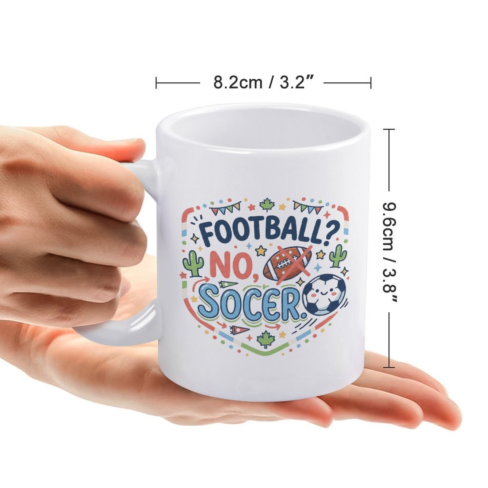 Size reference image: the mug measures 8.2cm/3.2" in diameter and 9.6cm/3.8" in height, held in hands to show scale.