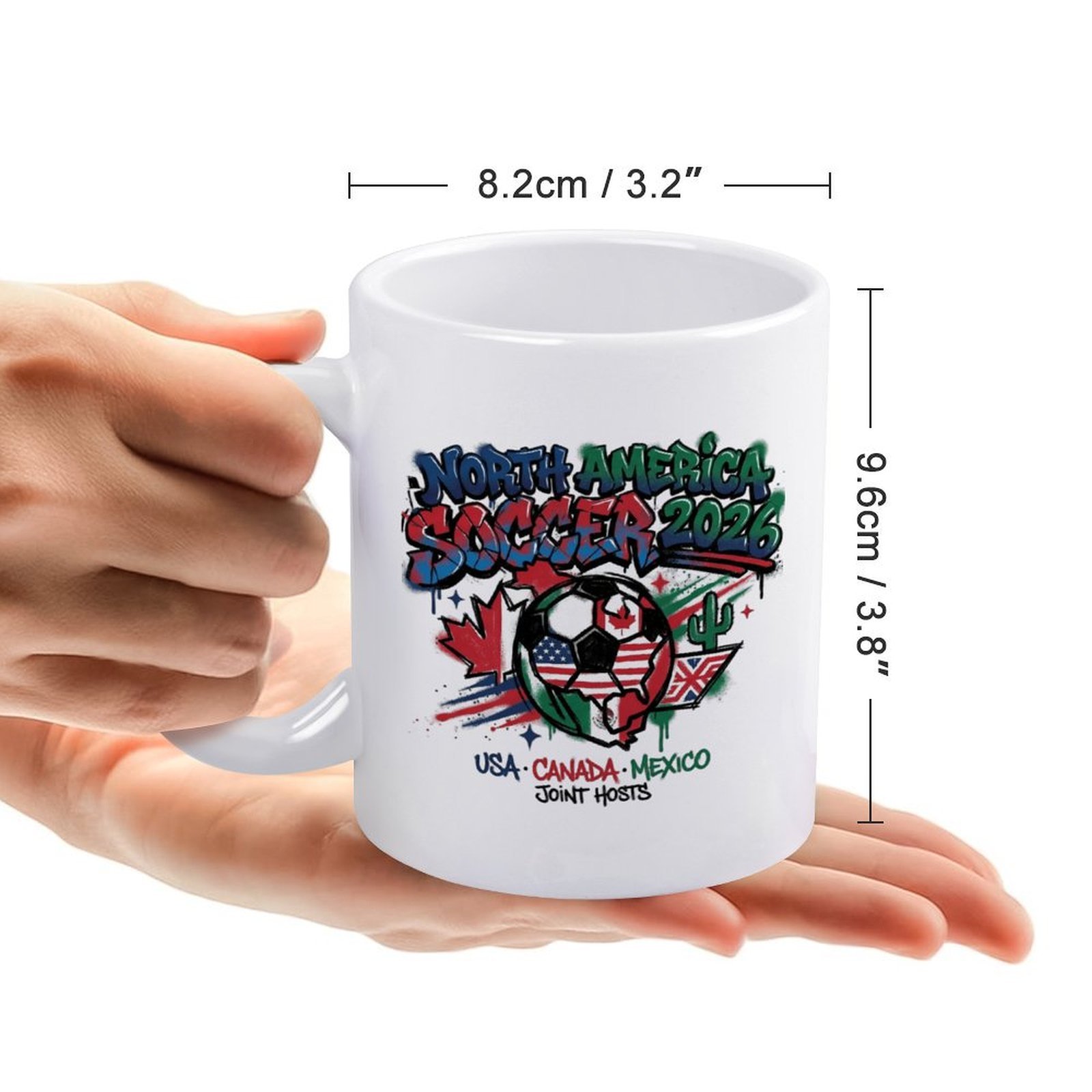 Size reference image: the mug measures 8.2cm/3.2" in diameter and 9.6cm/3.8" in height, held in hands for scale.