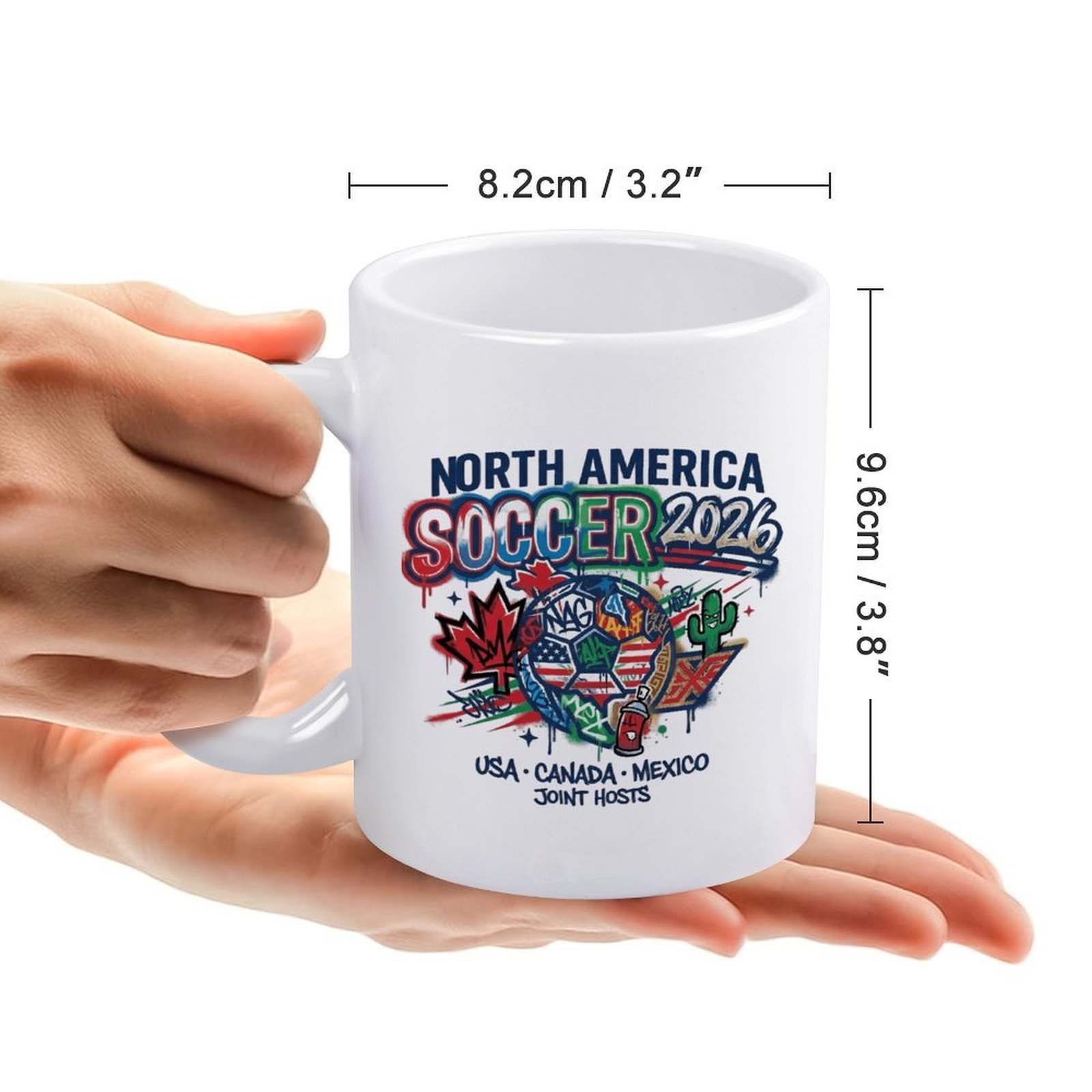 Size reference image: the mug measures 8.2cm/3.2" in diameter and 9.6cm/3.8" in height, held in hands to show scale.