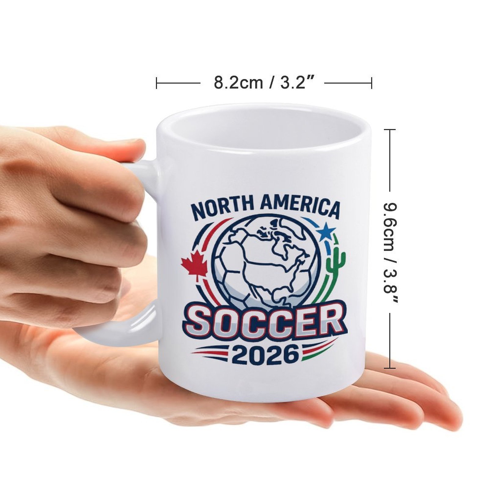 Size reference image: the mug measures 8.2cm/3.2" in diameter and 9.6cm/3.8" in height, held in hands to show scale.