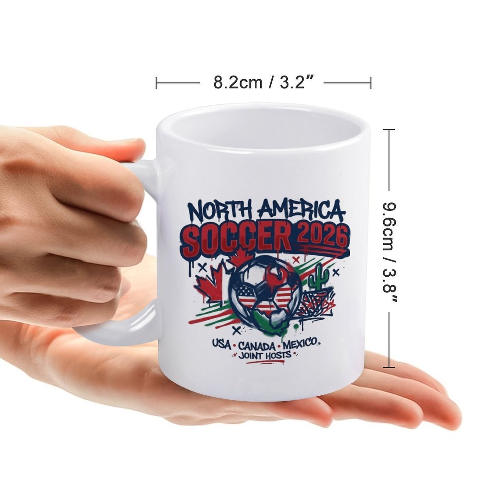 Size reference image: the mug measures 8.2cm/3.2" in diameter and 9.6cm/3.8" in height, held in hands to show scale.