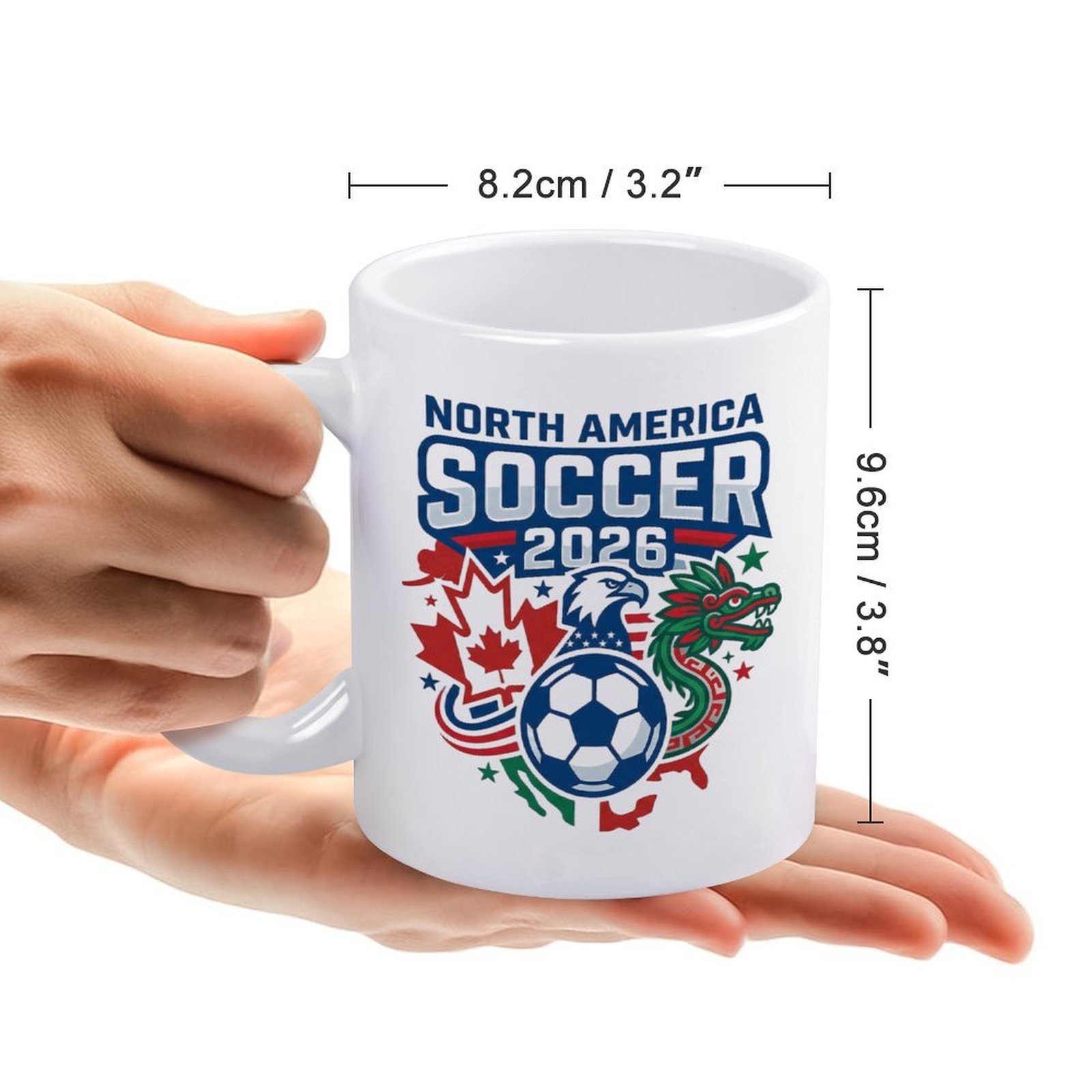 Size reference image: the mug measures 8.2cm/3.2" in diameter and 9.6cm/3.8" in height, held in hands to show scale.