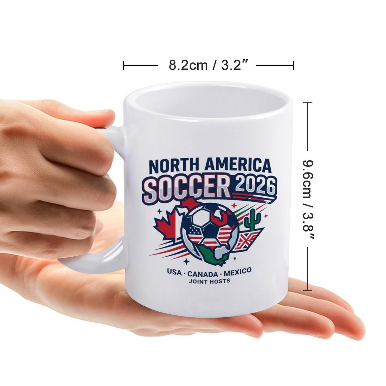 Size reference image: the mug measures 8.2cm/3.2" in diameter and 9.6cm/3.8" in height, held in hands for scale.