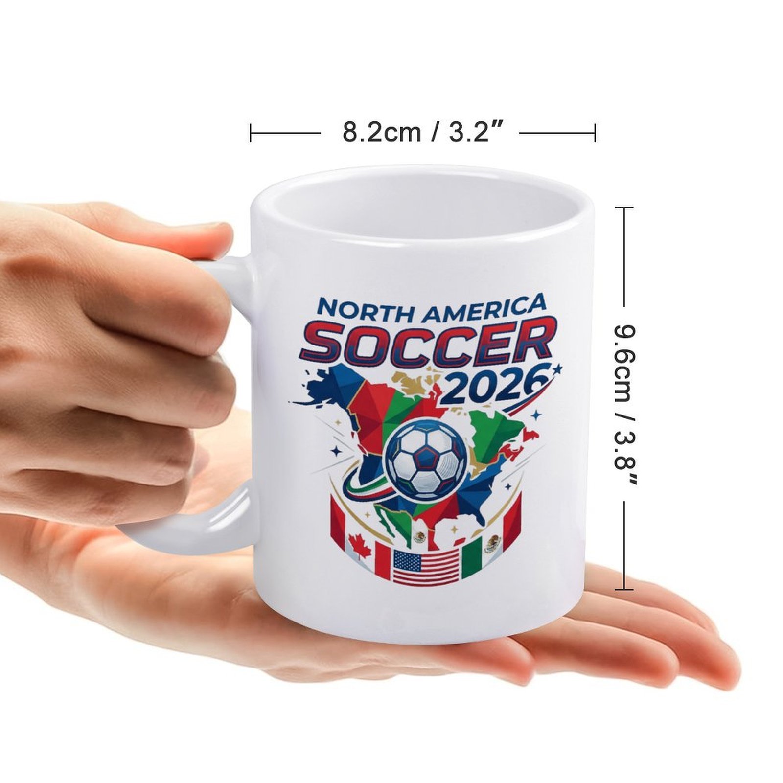 Size reference image: the mug measures 8.2cm/3.2" in diameter and 9.6cm/3.8" in height, held in hands for scale.