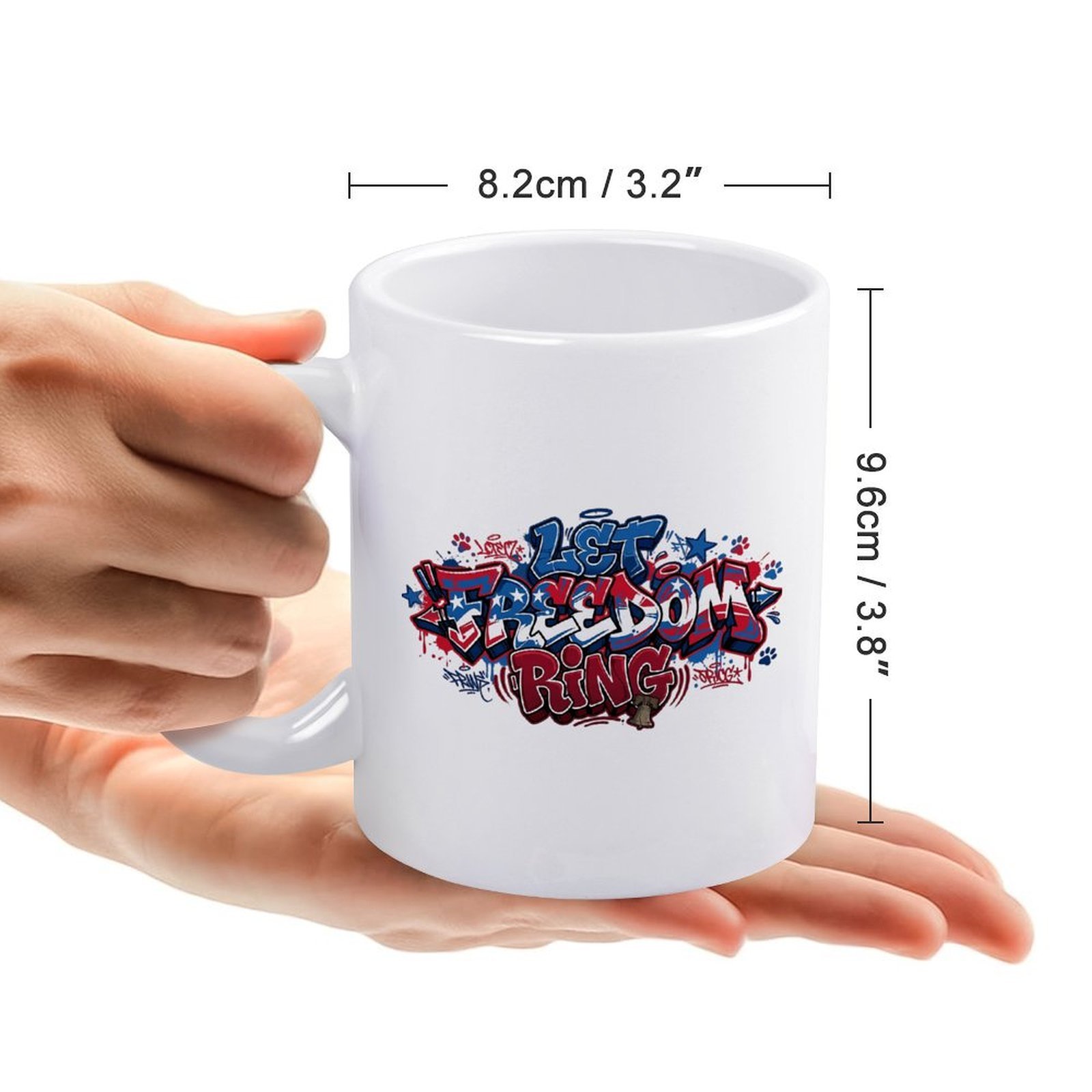 Size reference: the mug measures 8.2cm/3.2" wide × 9.6cm/3.8" tall, held in hands to show scale.