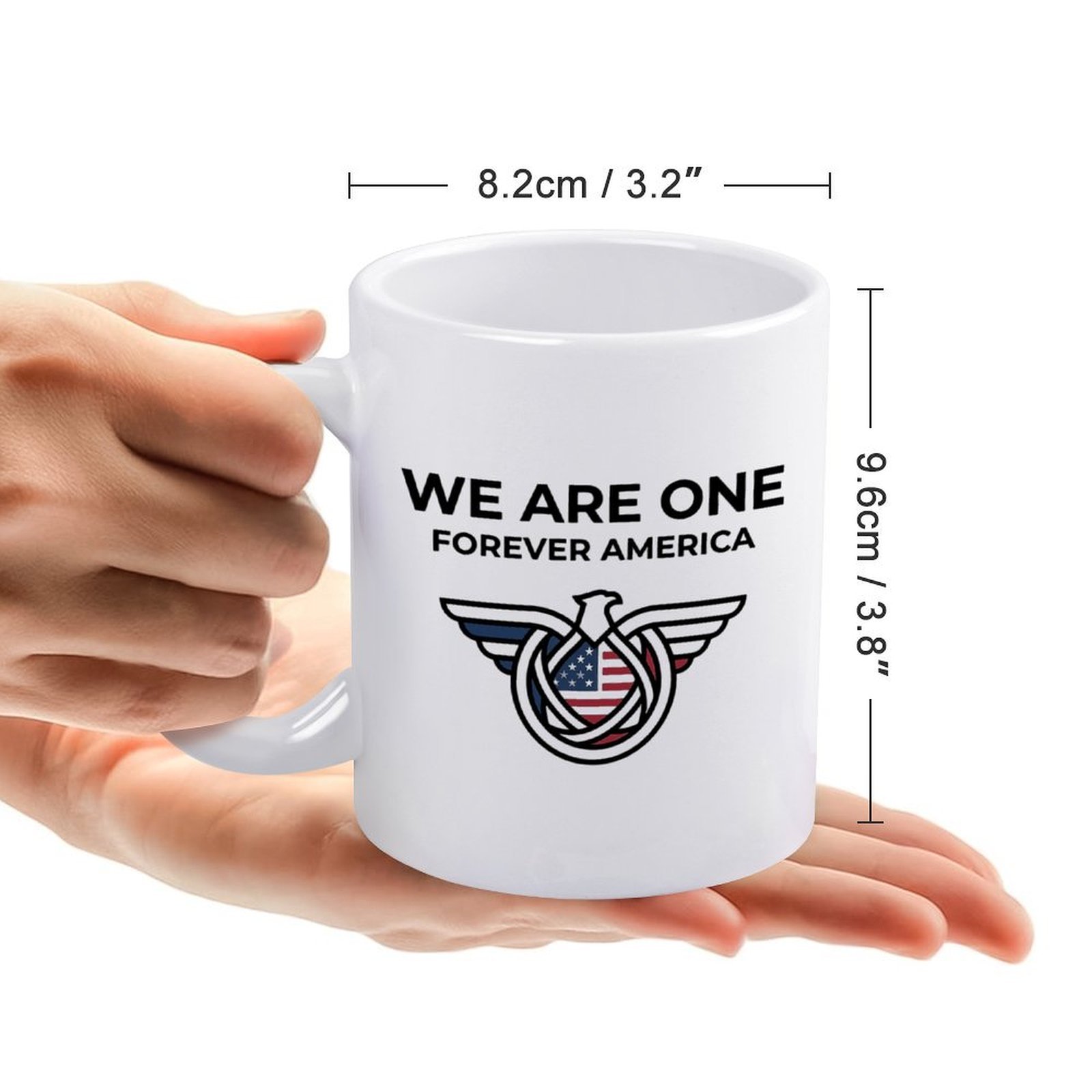 Size reference: the mug measures 8.2cm/3.2" wide × 9.6cm/3.8" tall, held in hands to show scale.