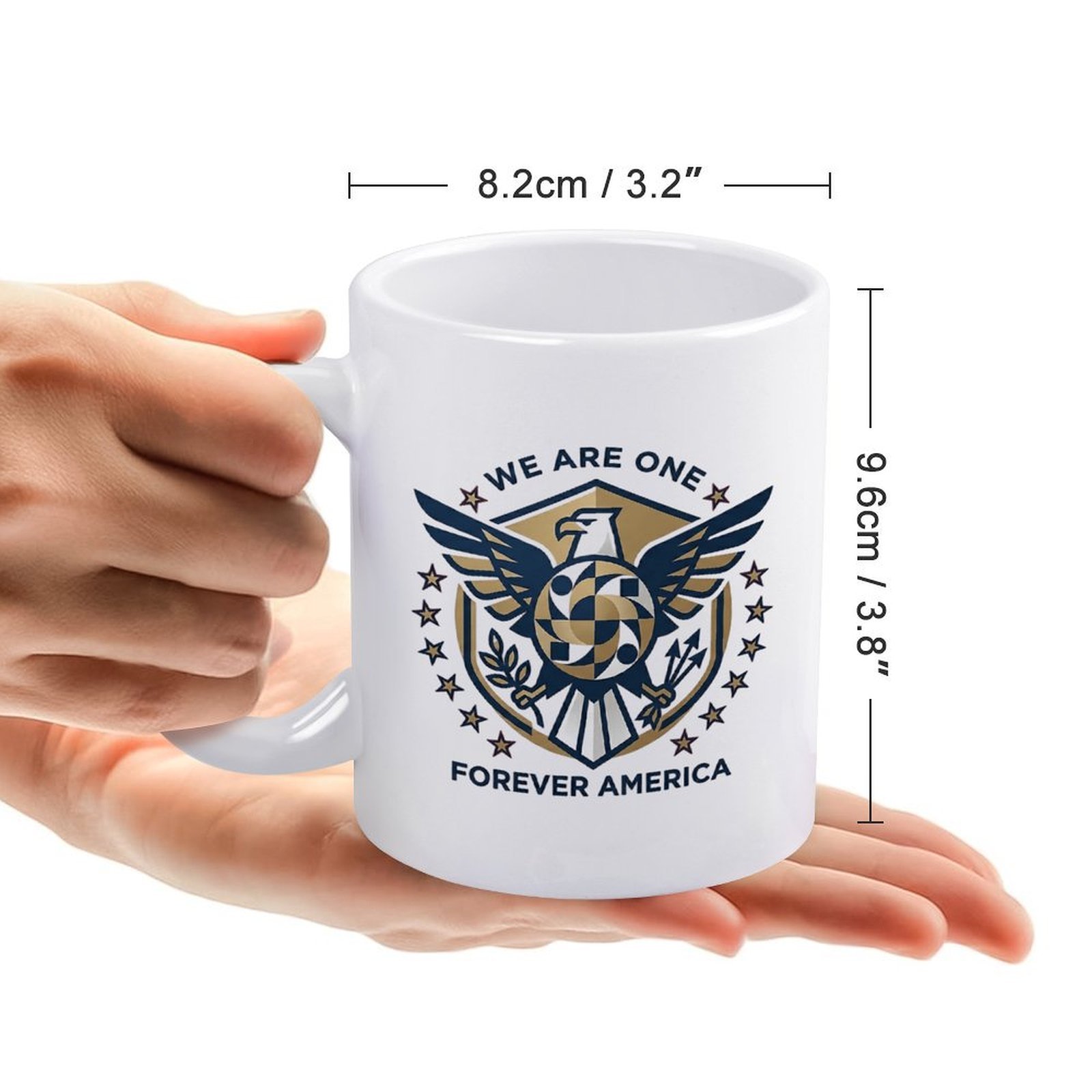 Size reference: the mug measures 8.2cm/3.2" wide × 9.6cm/3.8" tall, held in hands to show scale.