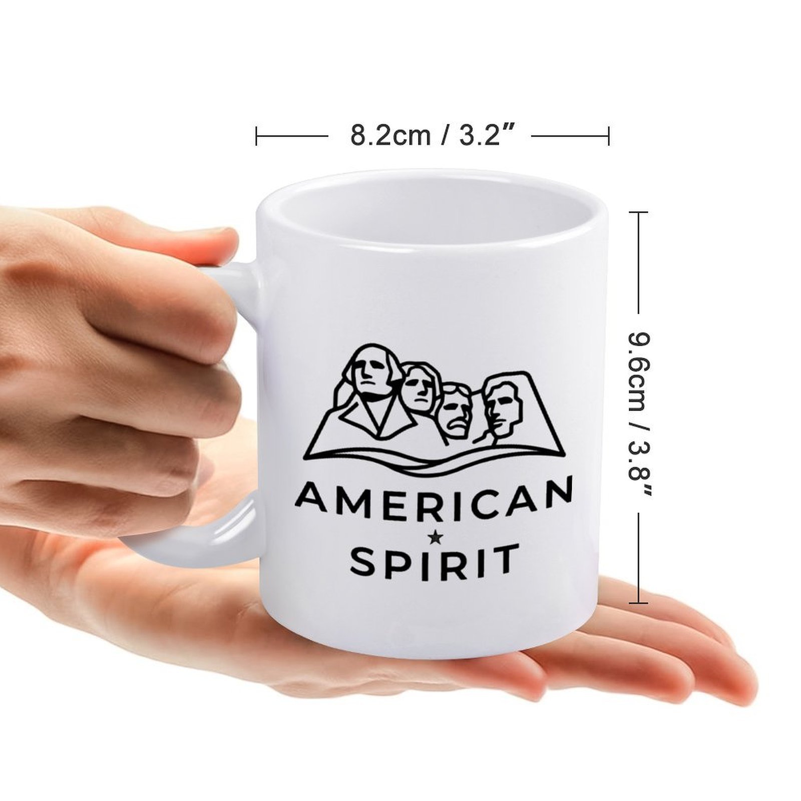 Size reference: the mug measures 8.2cm/3.2" wide × 9.6cm/3.8" tall, held in hands to show scale.