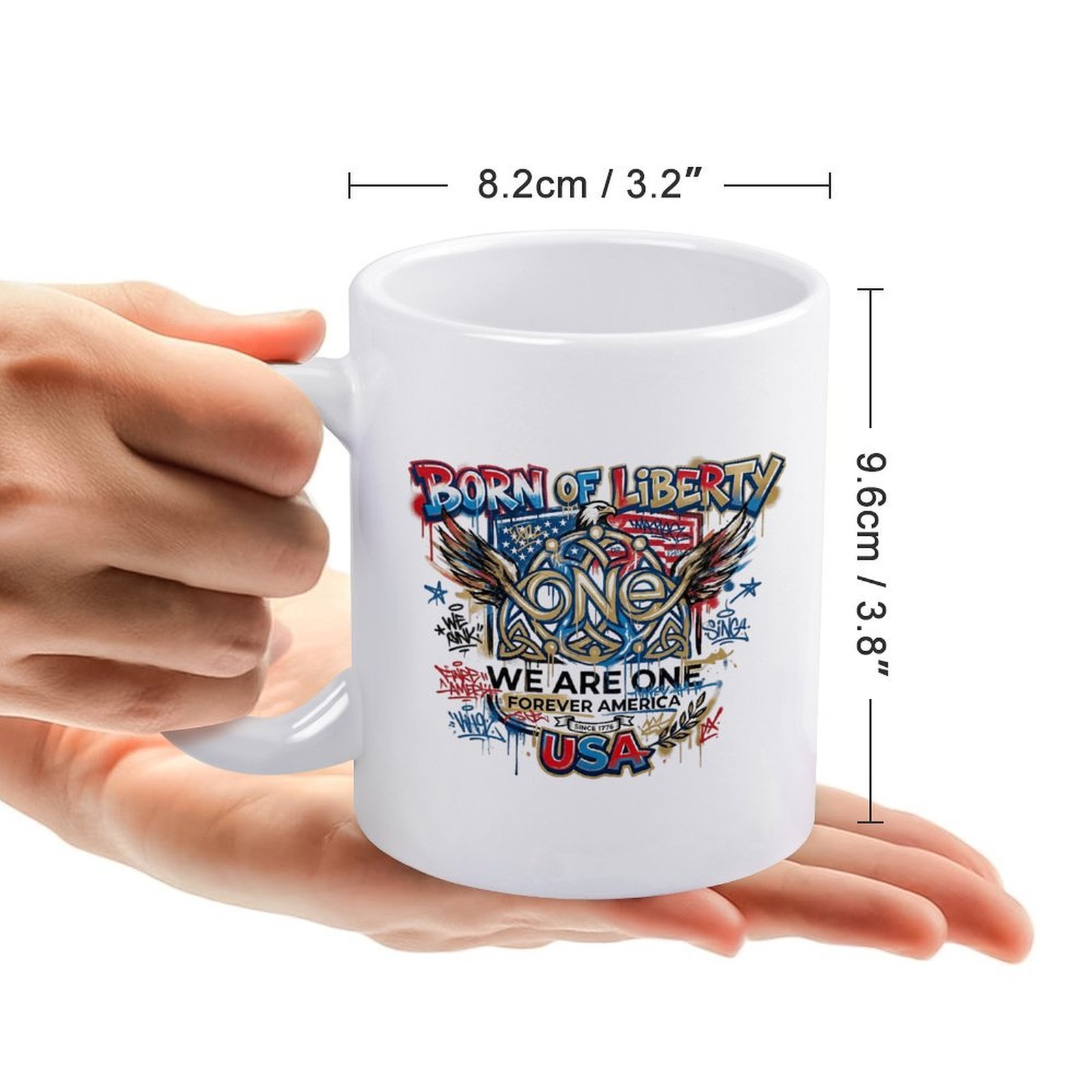 Size reference shot: mug held in hands to show its dimensions 8.2cm (3.2") width × 9.6cm (3.8") height.