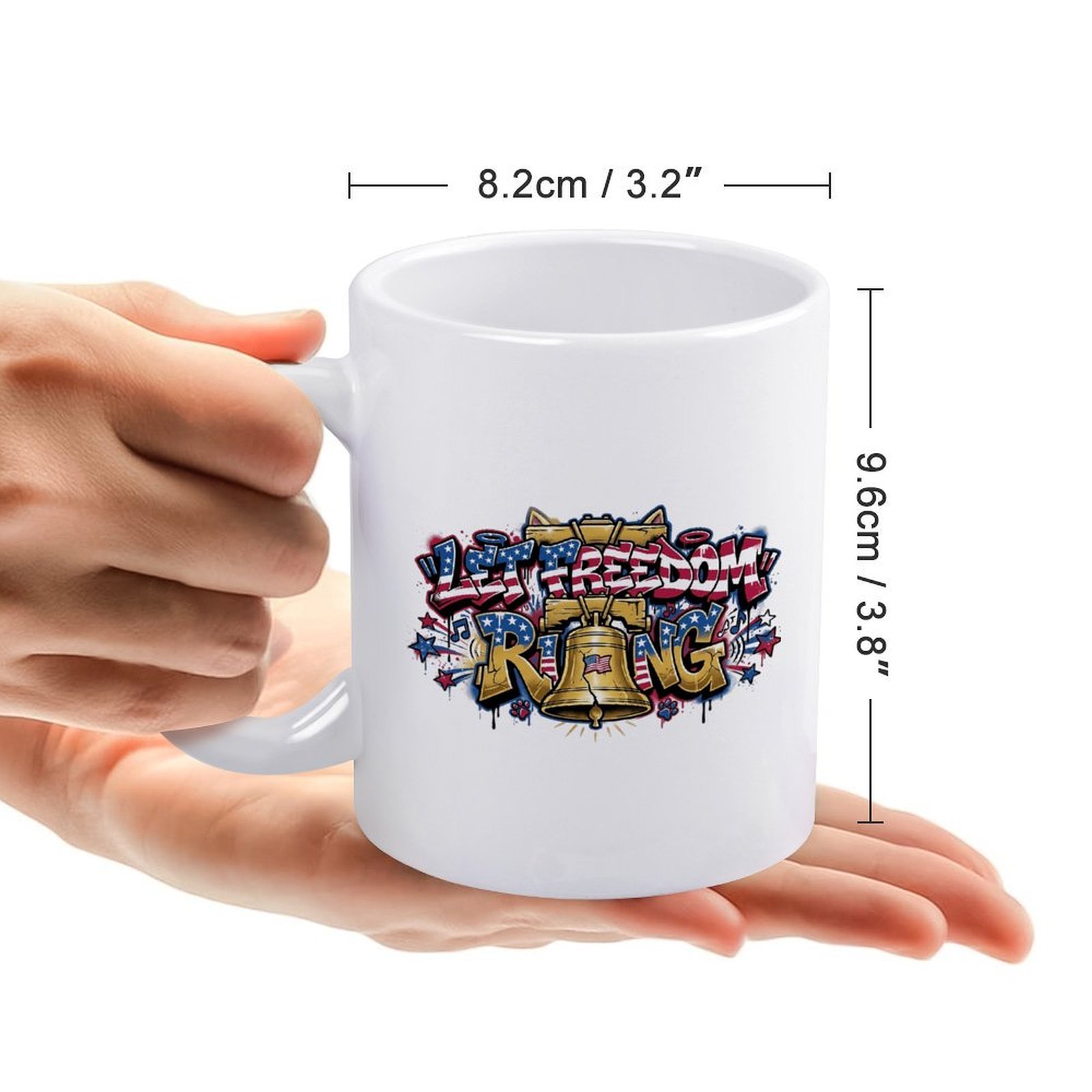 Size reference: the mug measures 8.2cm/3.2" wide × 9.6cm/3.8" tall, held in hands to show scale.