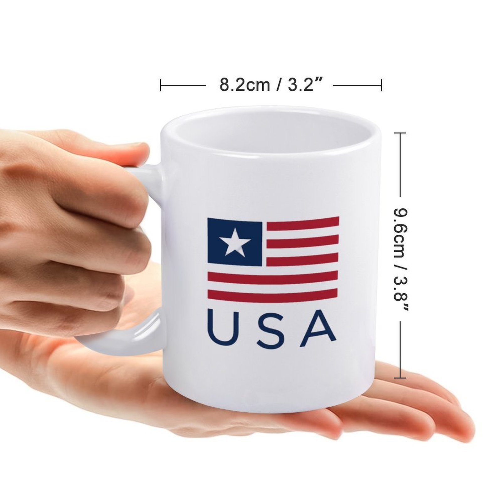 Size reference: the mug measures 8.2cm/3.2" wide × 9.6cm/3.8" tall, held in hands to show scale.