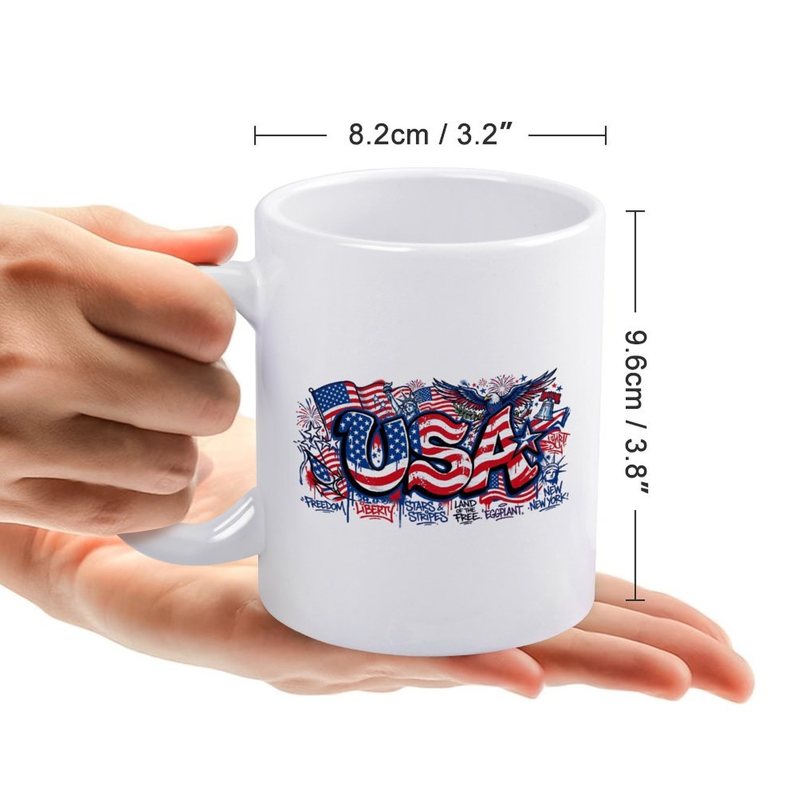 Size reference: the mug measures 8.2cm/3.2" wide × 9.6cm/3.8" tall, held in hands to show scale.