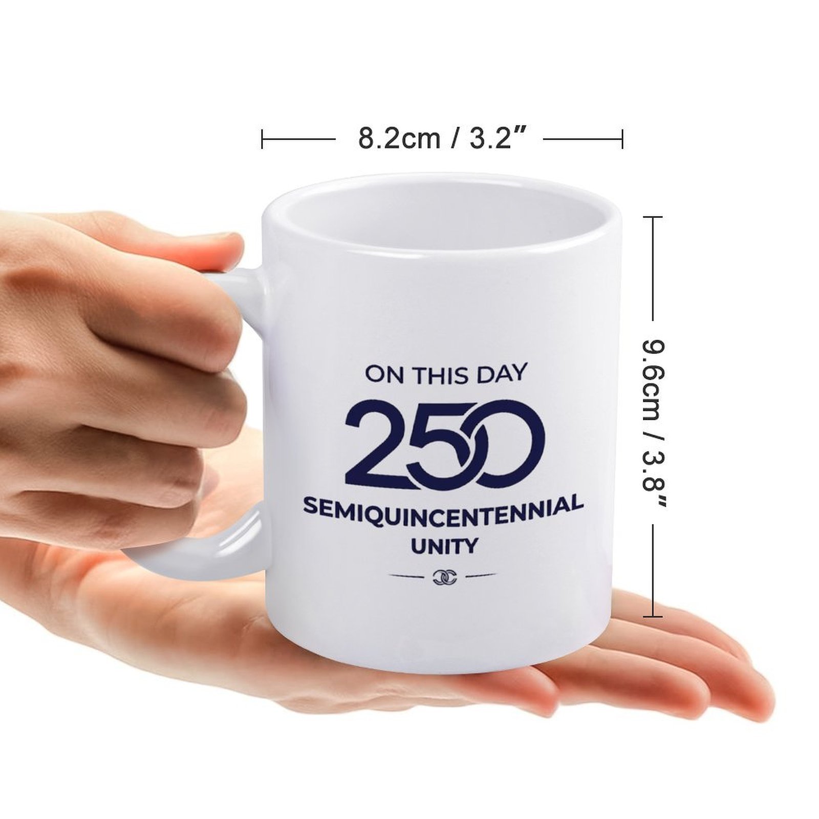 Size reference: the mug measures 8.2cm/3.2" wide × 9.6cm/3.8" tall, held in hands to show scale.