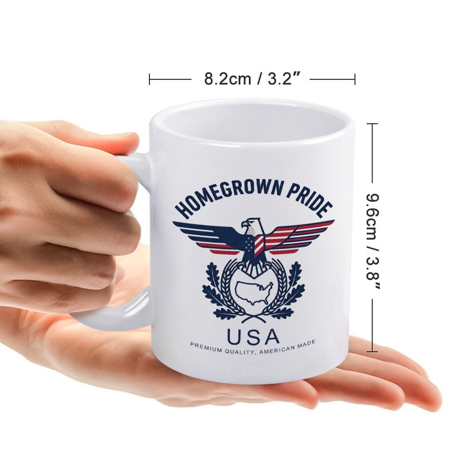 Size reference: the mug measures 8.2cm/3.2" wide × 9.6cm/3.8" tall, held in hands to show scale.