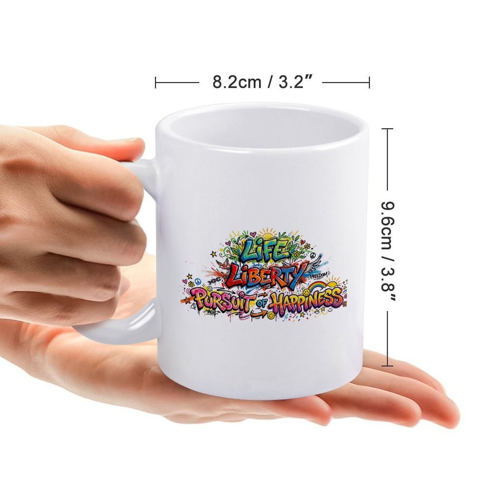 Size reference: the mug measures 8.2cm/3.2" wide × 9.6cm/3.8" tall, held in hands to show scale.