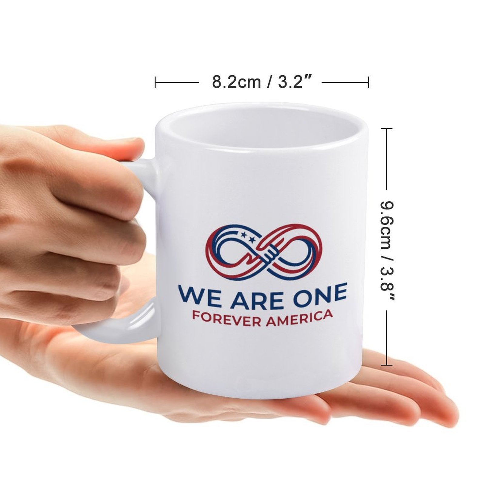 Size reference: the mug measures 8.2cm/3.2" wide × 9.6cm/3.8" tall, held in hands to show scale.