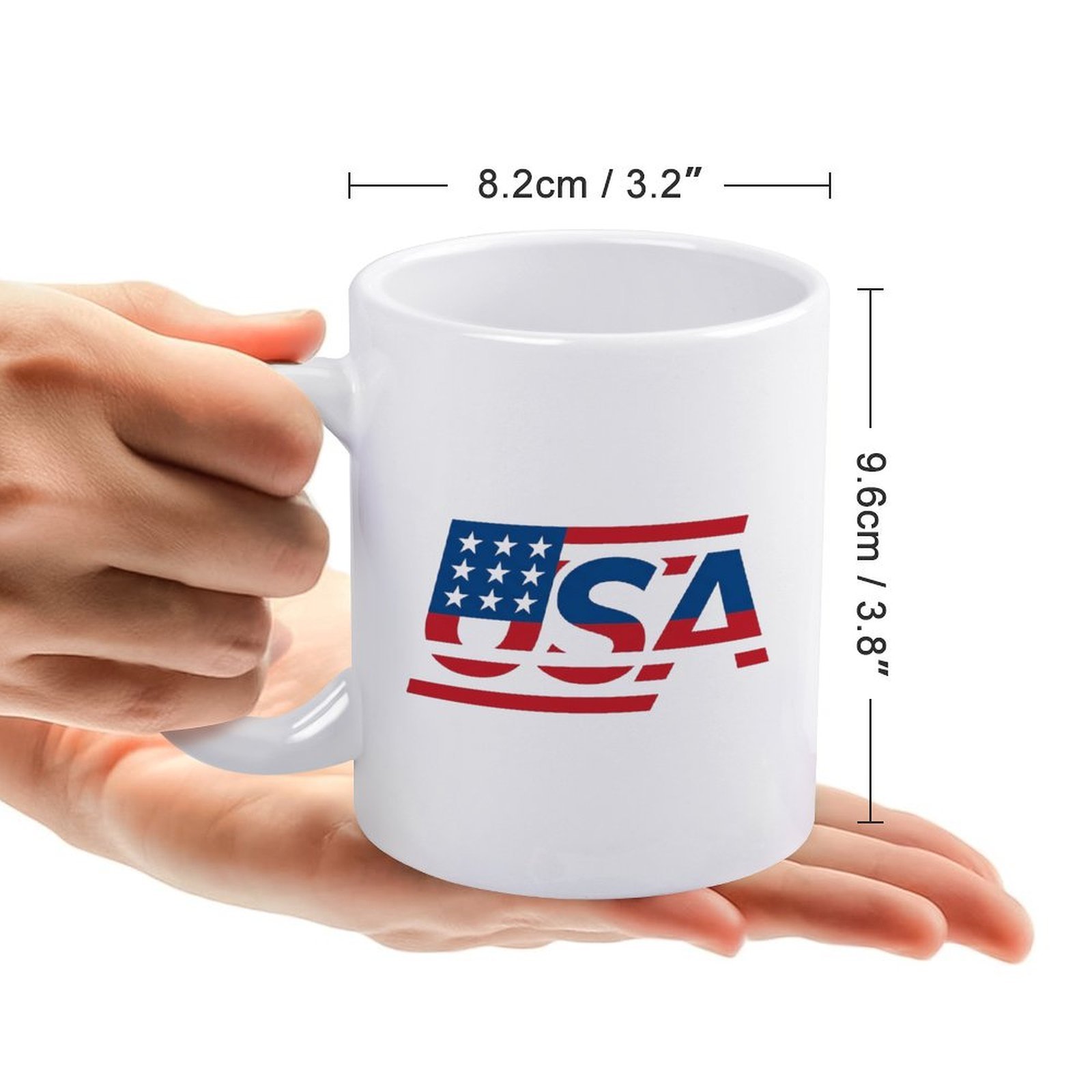 Size reference: the mug measures 8.2cm/3.2" wide × 9.6cm/3.8" tall, held in hands to show scale.