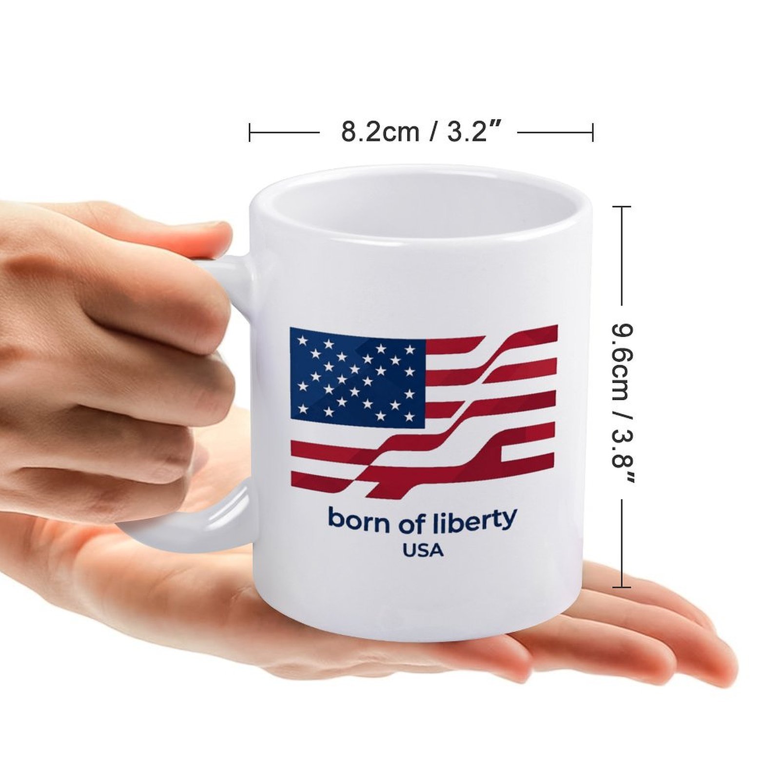 Size reference: the mug measures 8.2cm/3.2" wide × 9.6cm/3.8" tall, held in hands to show scale.