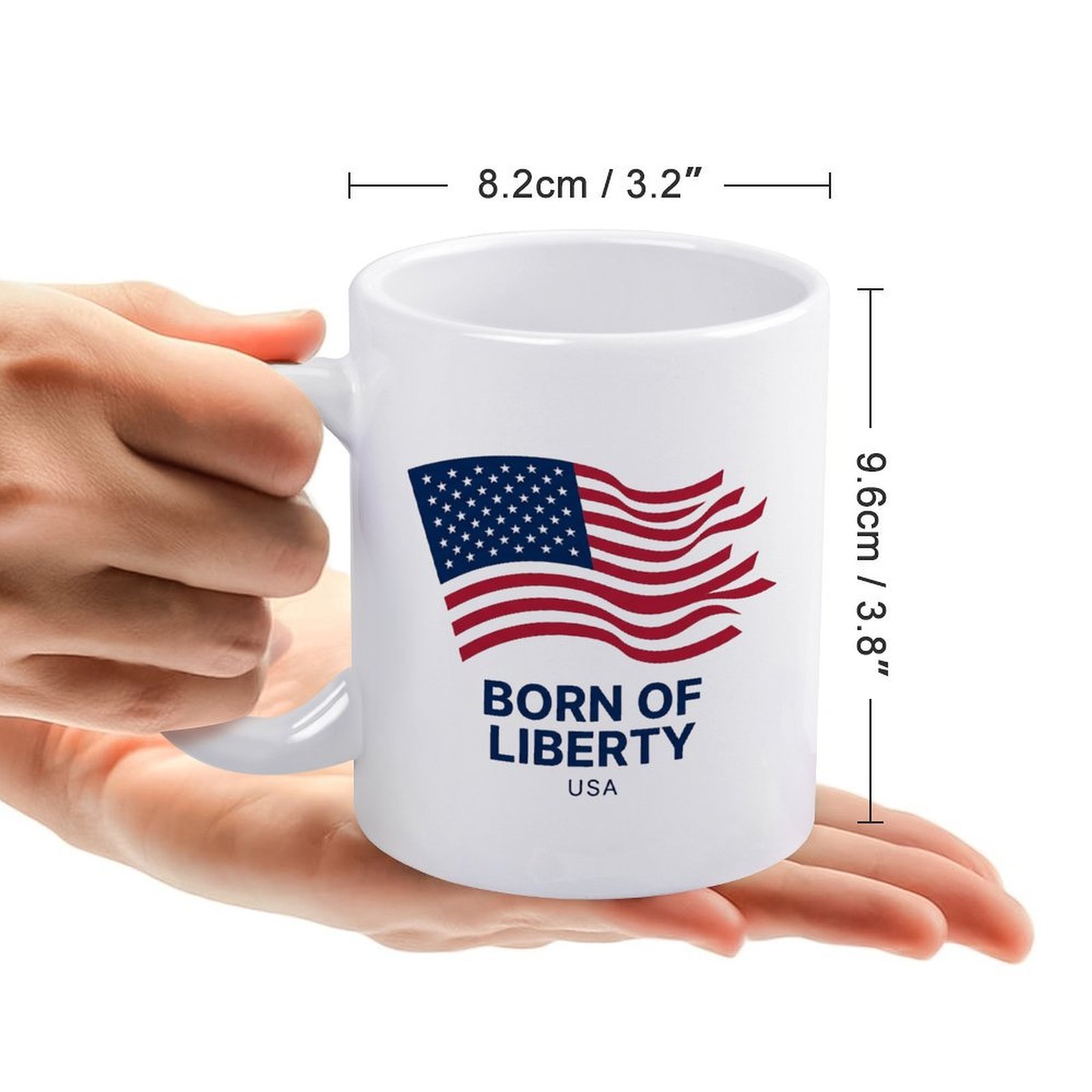 Size reference: the mug measures 8.2cm/3.2" wide × 9.6cm/3.8" tall, held in hands to show scale.