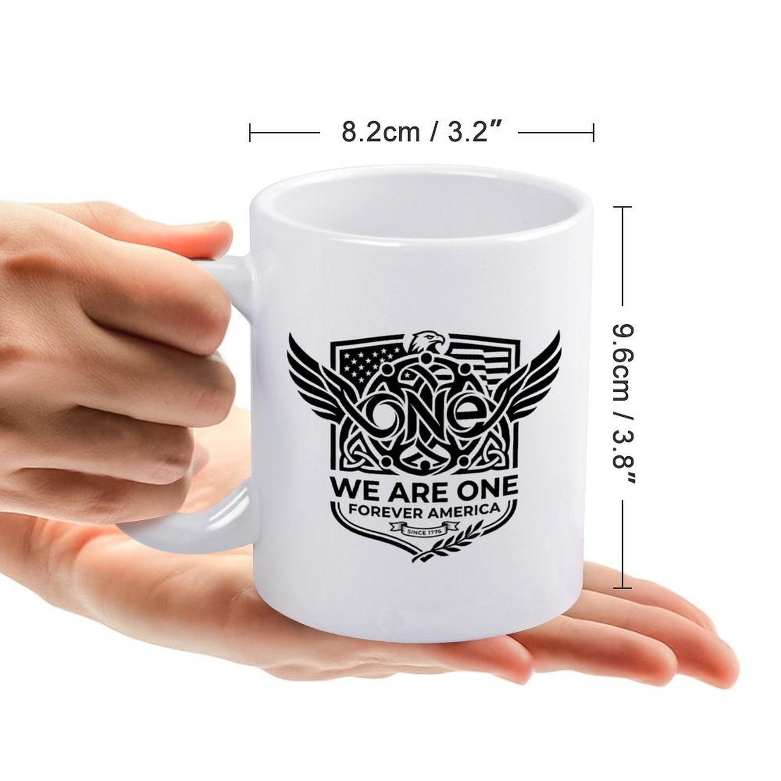 Size reference graphic: Standard 11oz mug dimensions 8.2cm wide × 9.6cm tall, held in hands to show scale