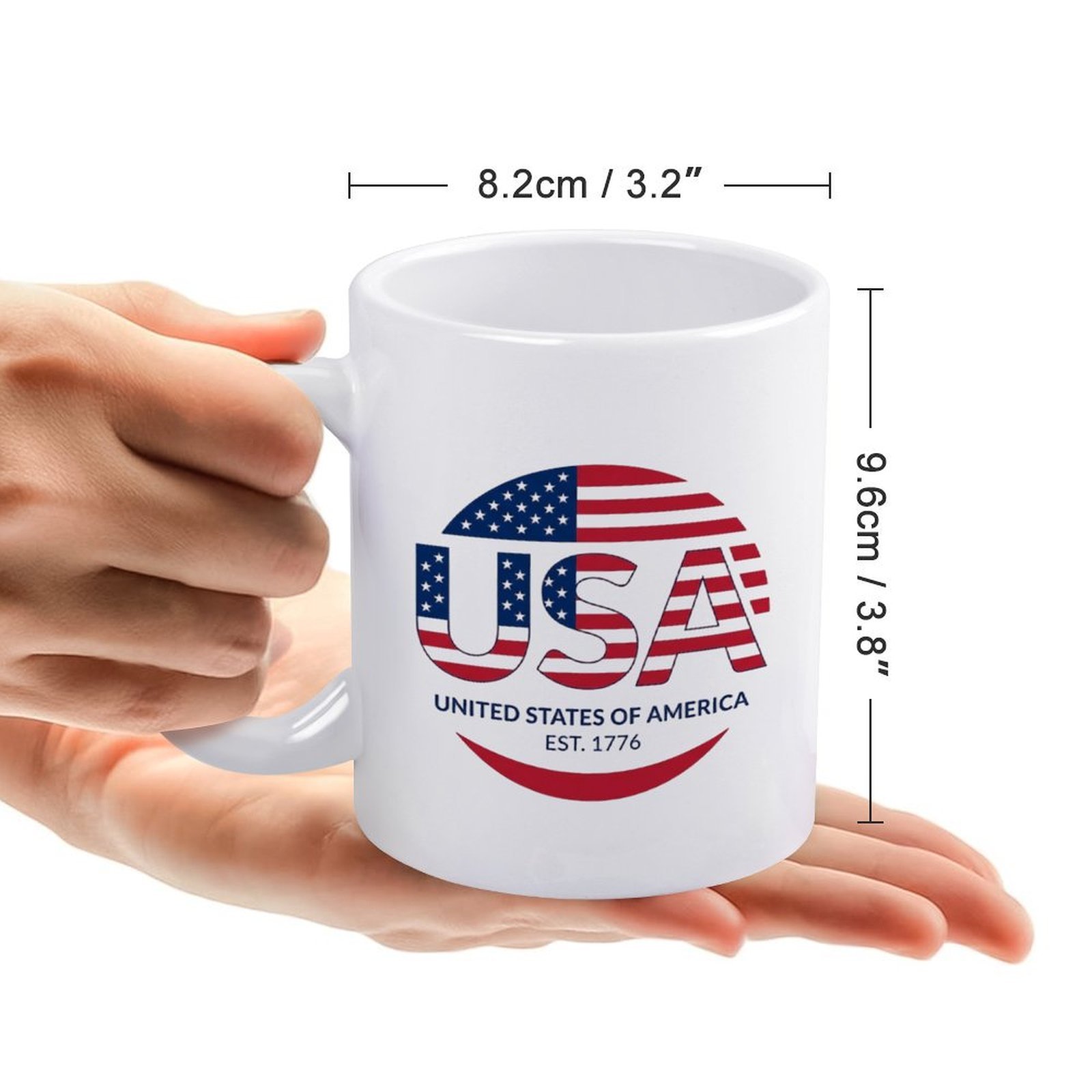 Size reference photo: Standard 11oz mug measures 8.2cm width × 9.6cm height, held in palms to show real scale