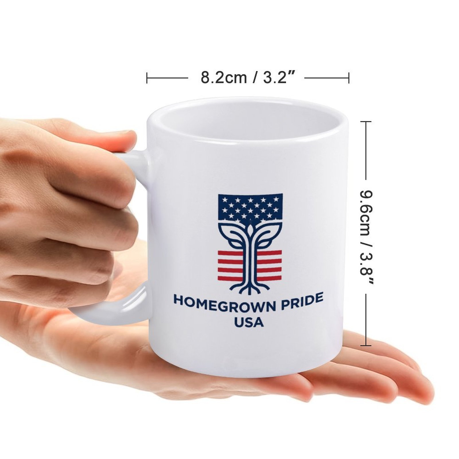 Size reference photo: Standard 11oz mug dimensions 8.2cm width × 9.6cm height, held in hands to show real handheld scale
