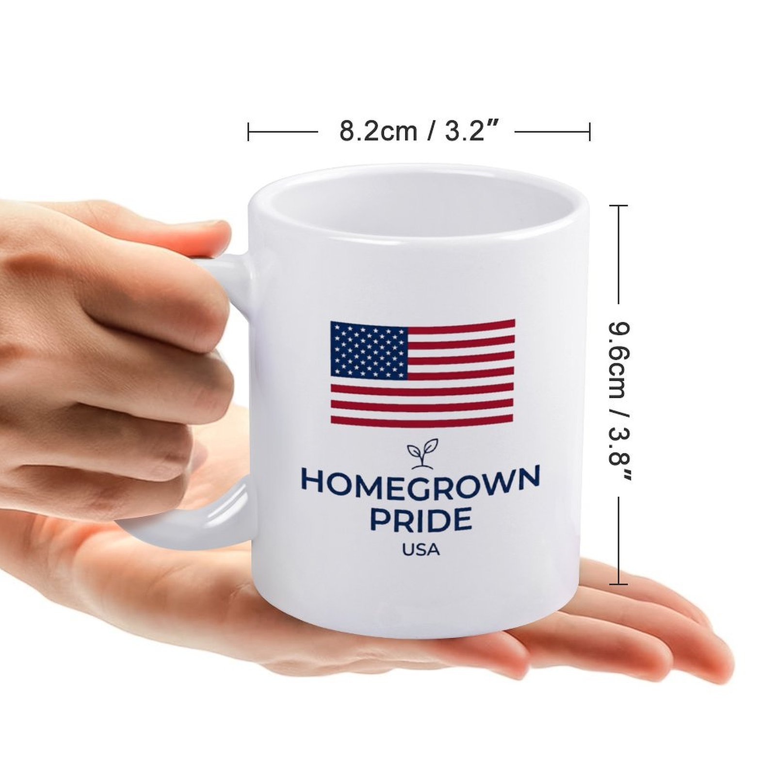 Size reference shot: standard 11oz mug measures 8.2cm wide × 9.6cm tall, held in hands to show real size and grip