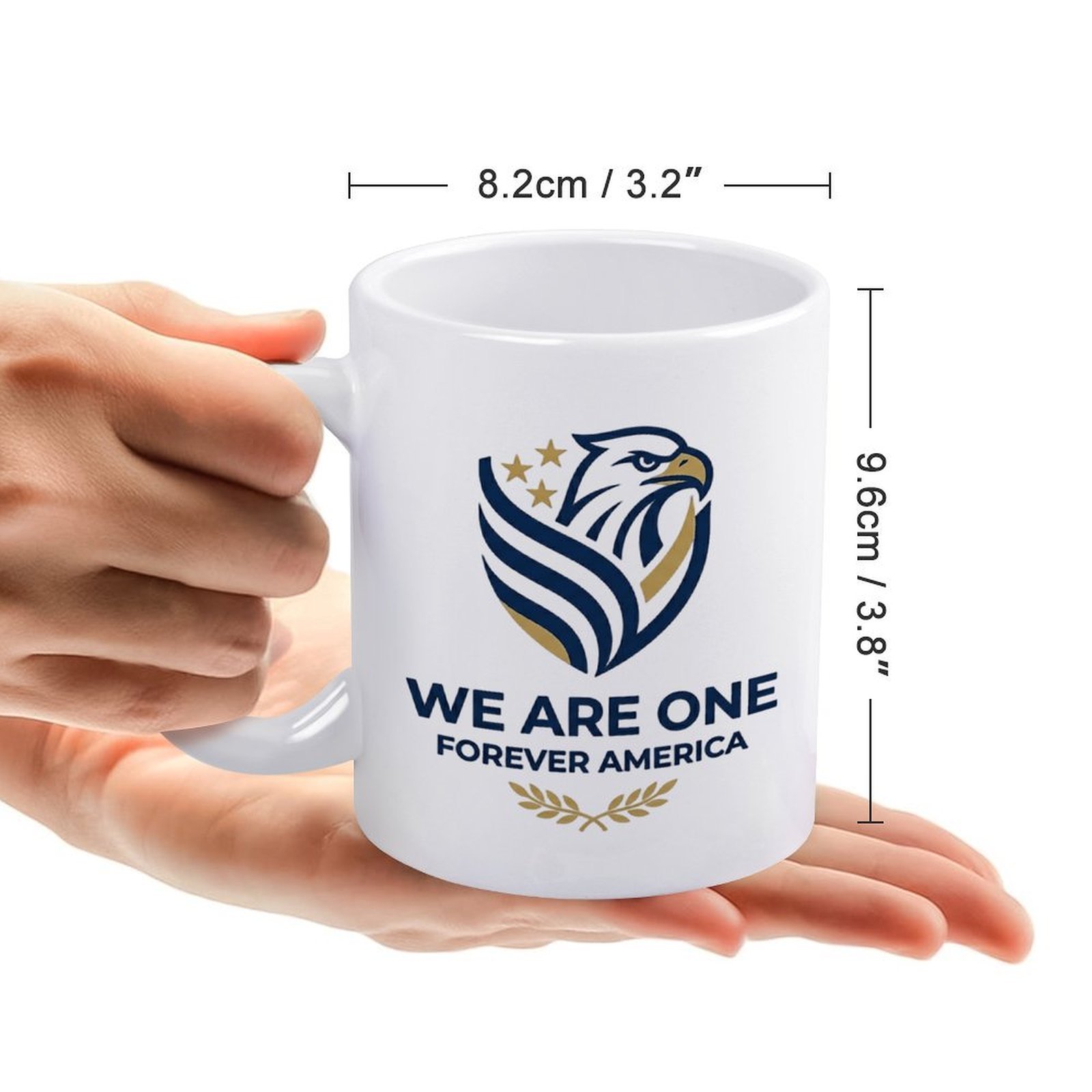 Size reference photo: standard 11oz mug dimensions 8.2cm wide × 9.6cm tall, held in palms to display handheld scale