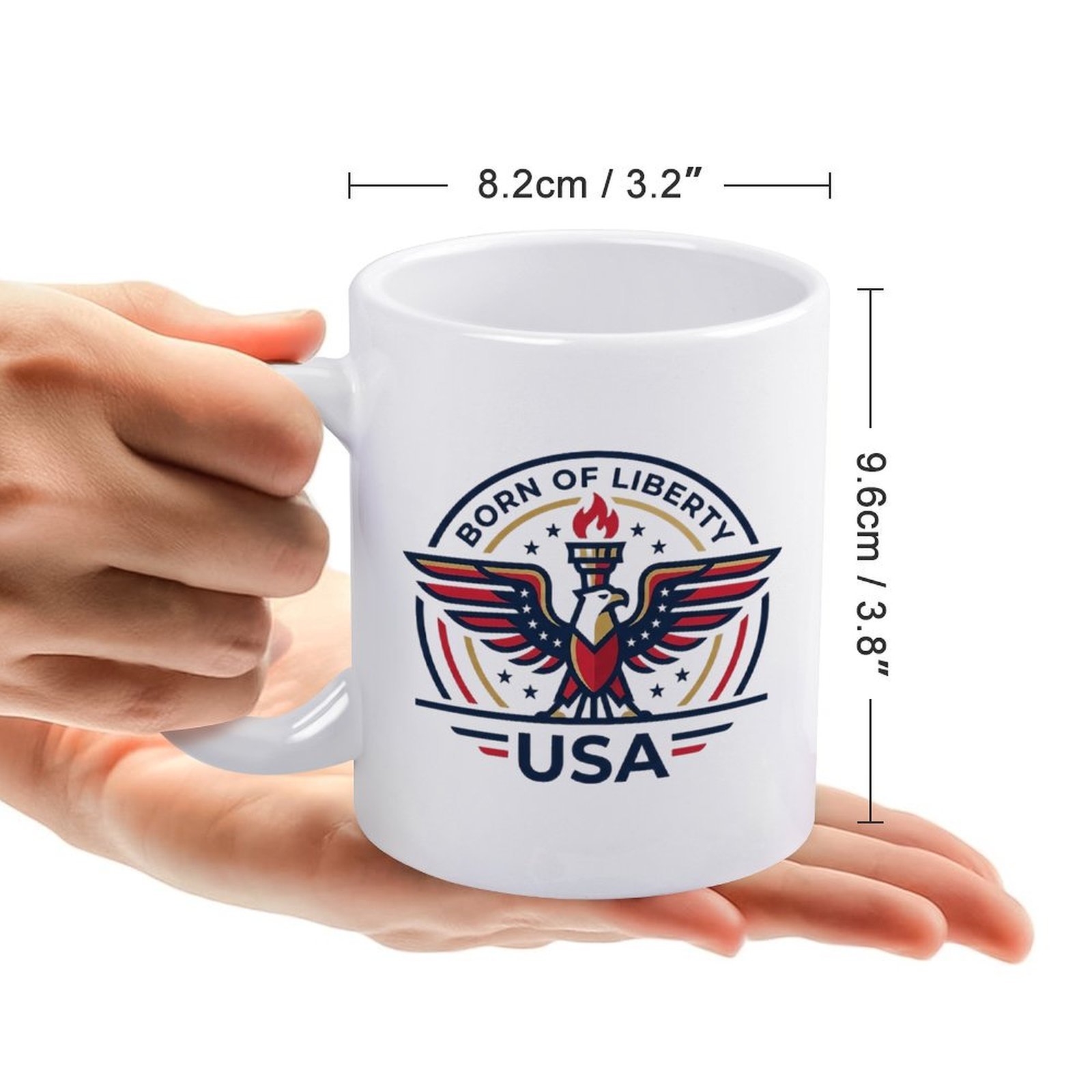 Size reference photo: standard 11oz mug dimensions 8.2cm wide × 9.6cm tall, held in palms to show real handheld scale