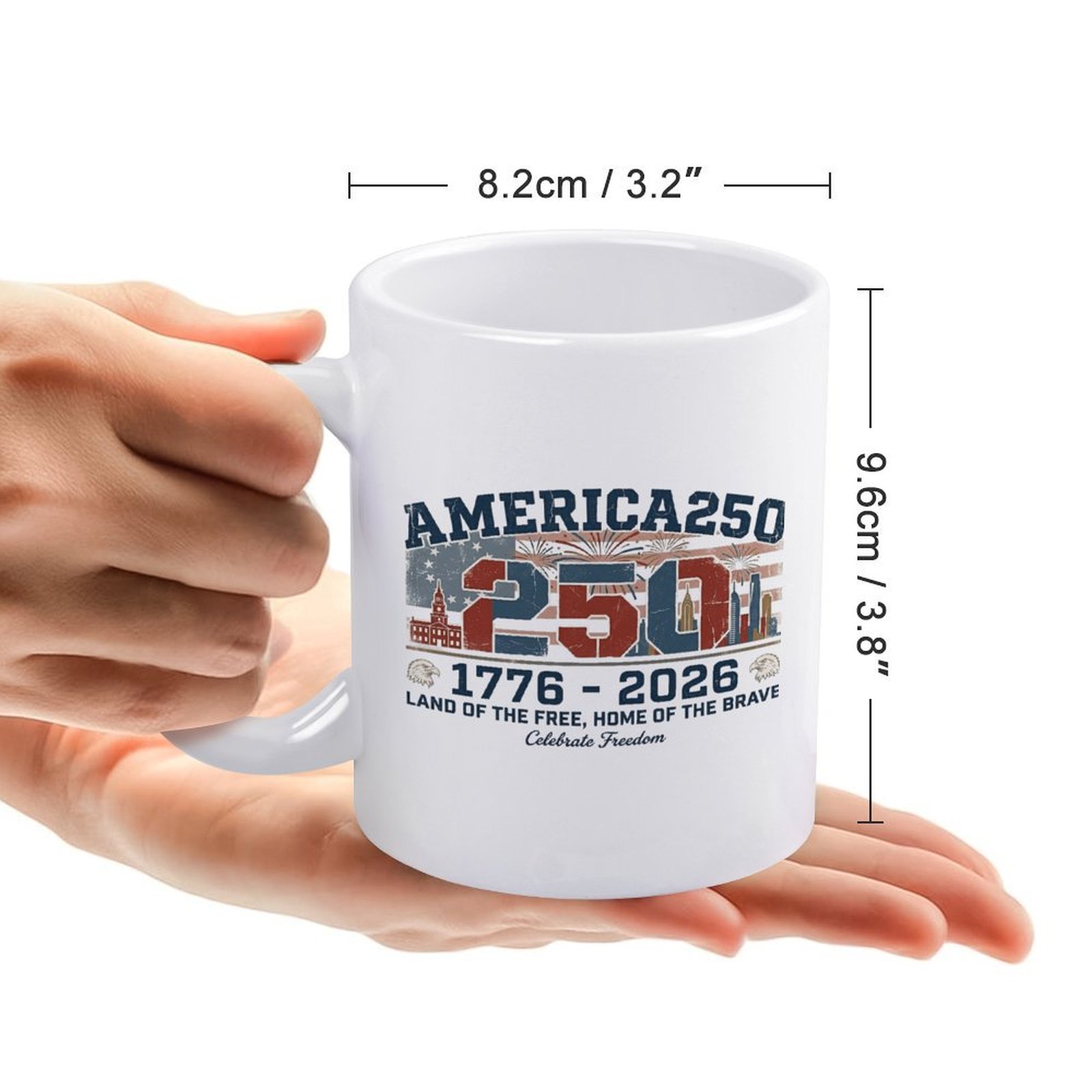 Size guide for America 250 1776-2026 patriotic ceramic mug, 3.2''×3.8'' standard coffee cup dimension display