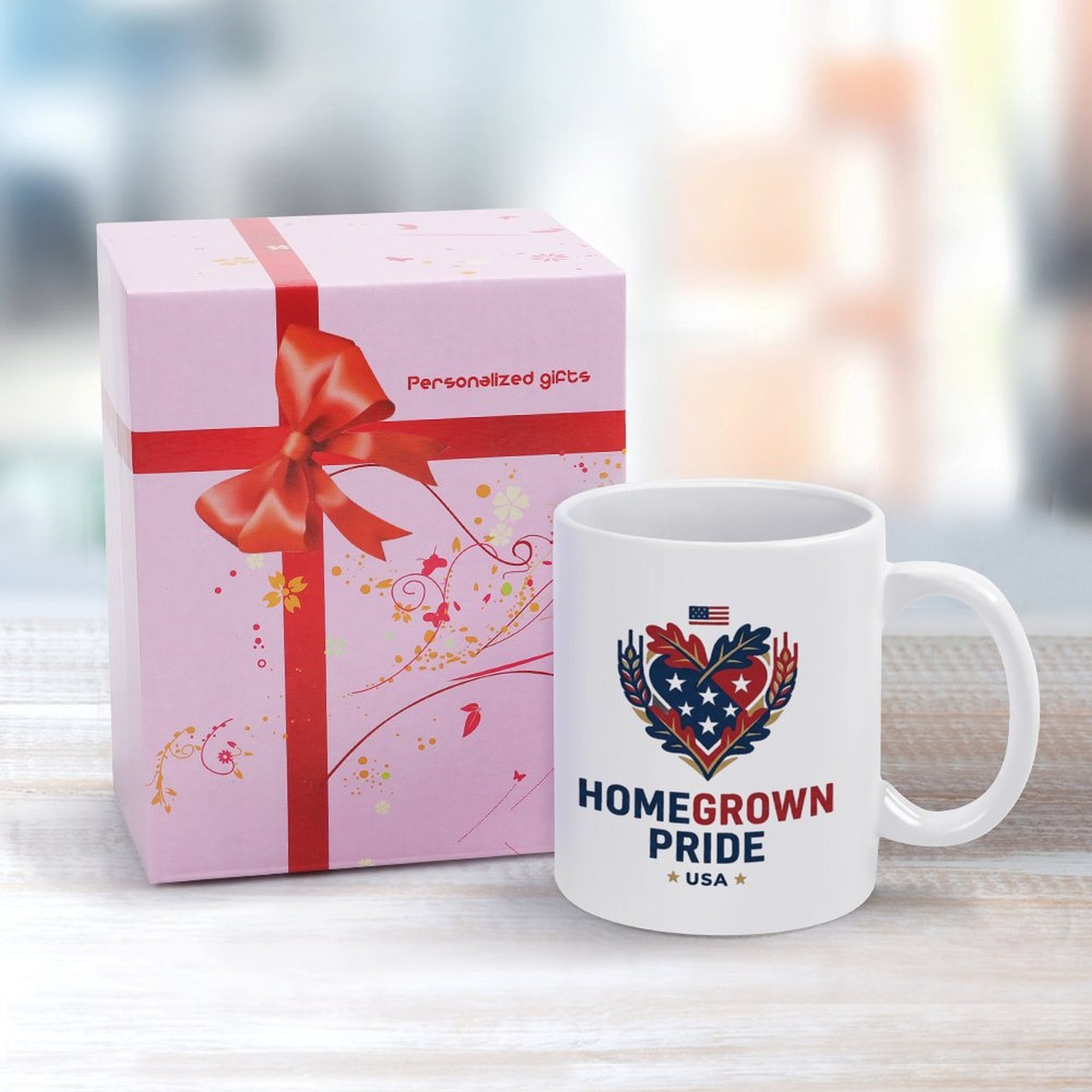 Lifestyle interior shot: Homegrown Pride heart patriotic mug placed on warm wooden table with cotton decor background for home & office desk display