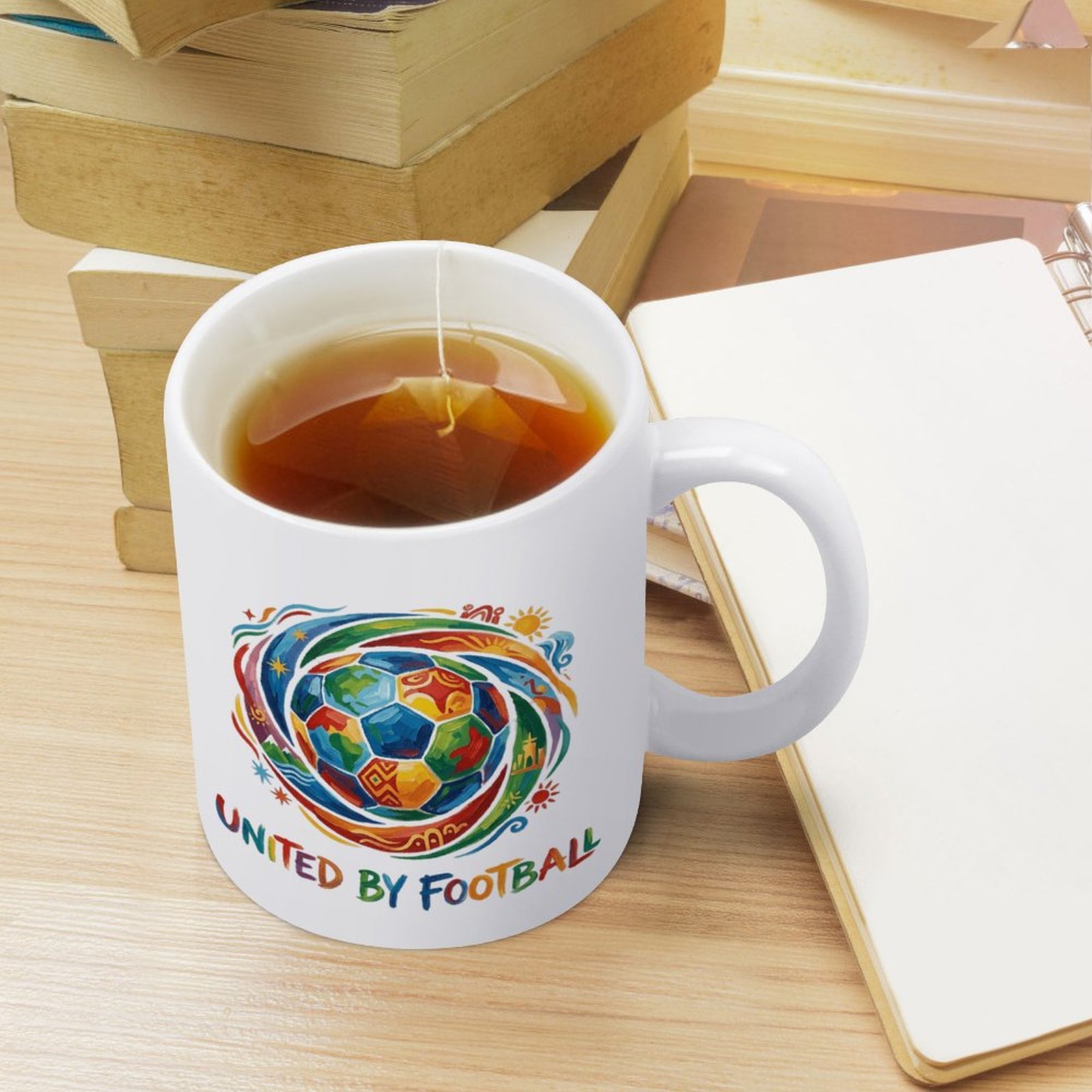Lifestyle shot of the mug filled with tea, sitting on a desk with books and a notebook, showing everyday use