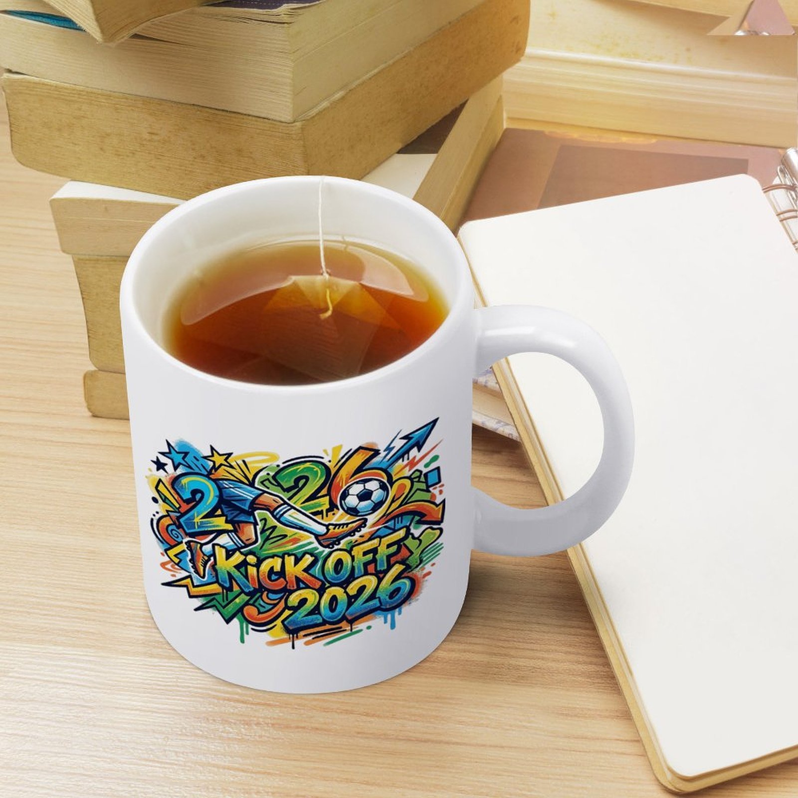 Lifestyle shot of the mug filled with tea, sitting on a desk with books and a notebook, showing everyday use