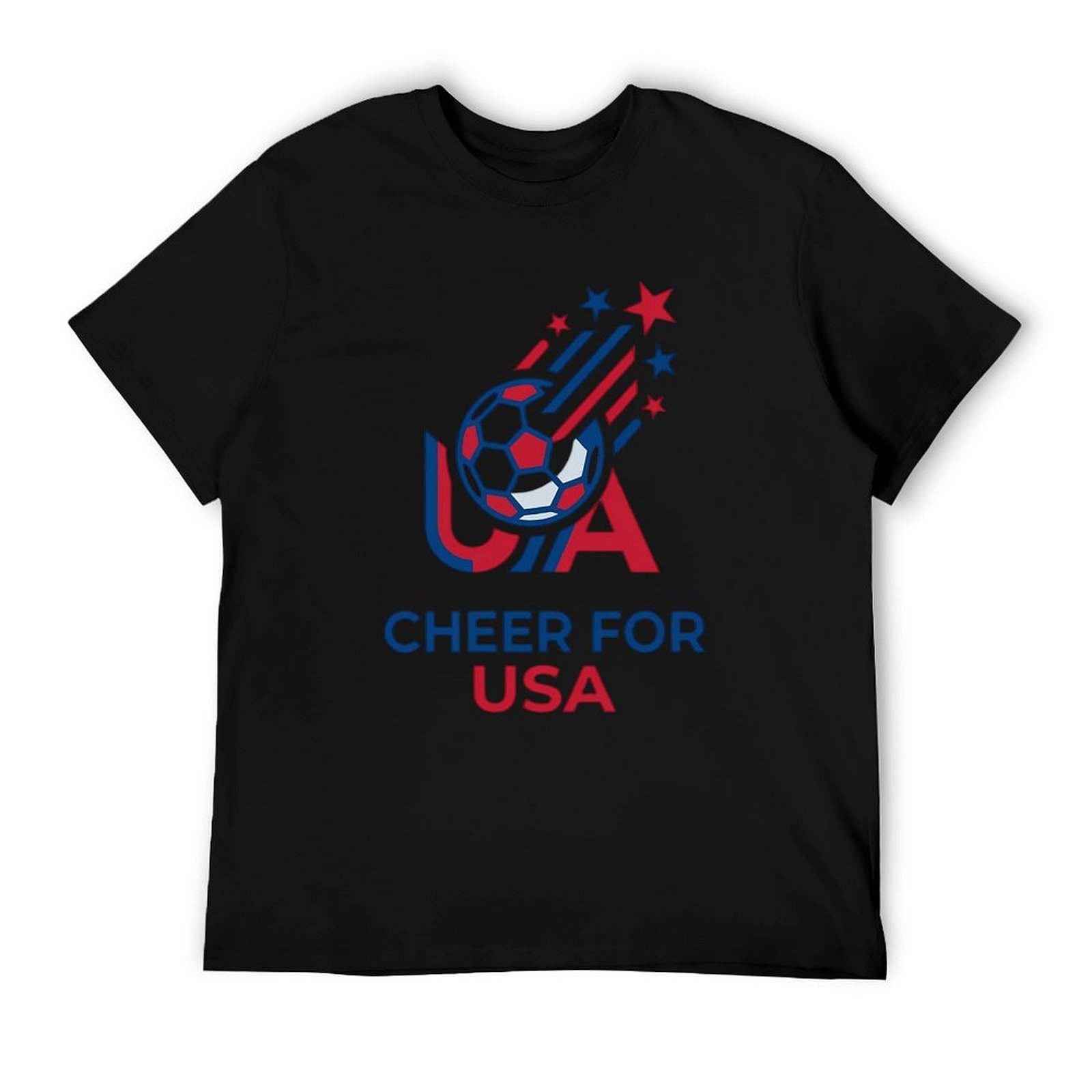 Black cotton short sleeve tee with matching red-blue USA soccer star and cheer slogan artwork