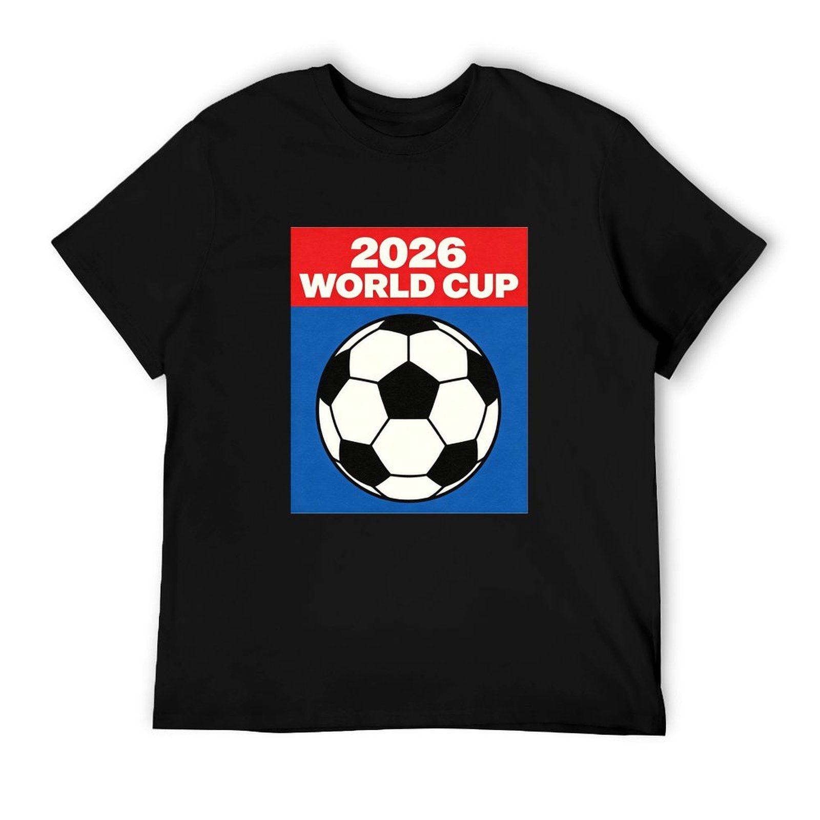 Solid black short sleeve cotton tee with matching red-blue block 2026 World Cup soccer front print