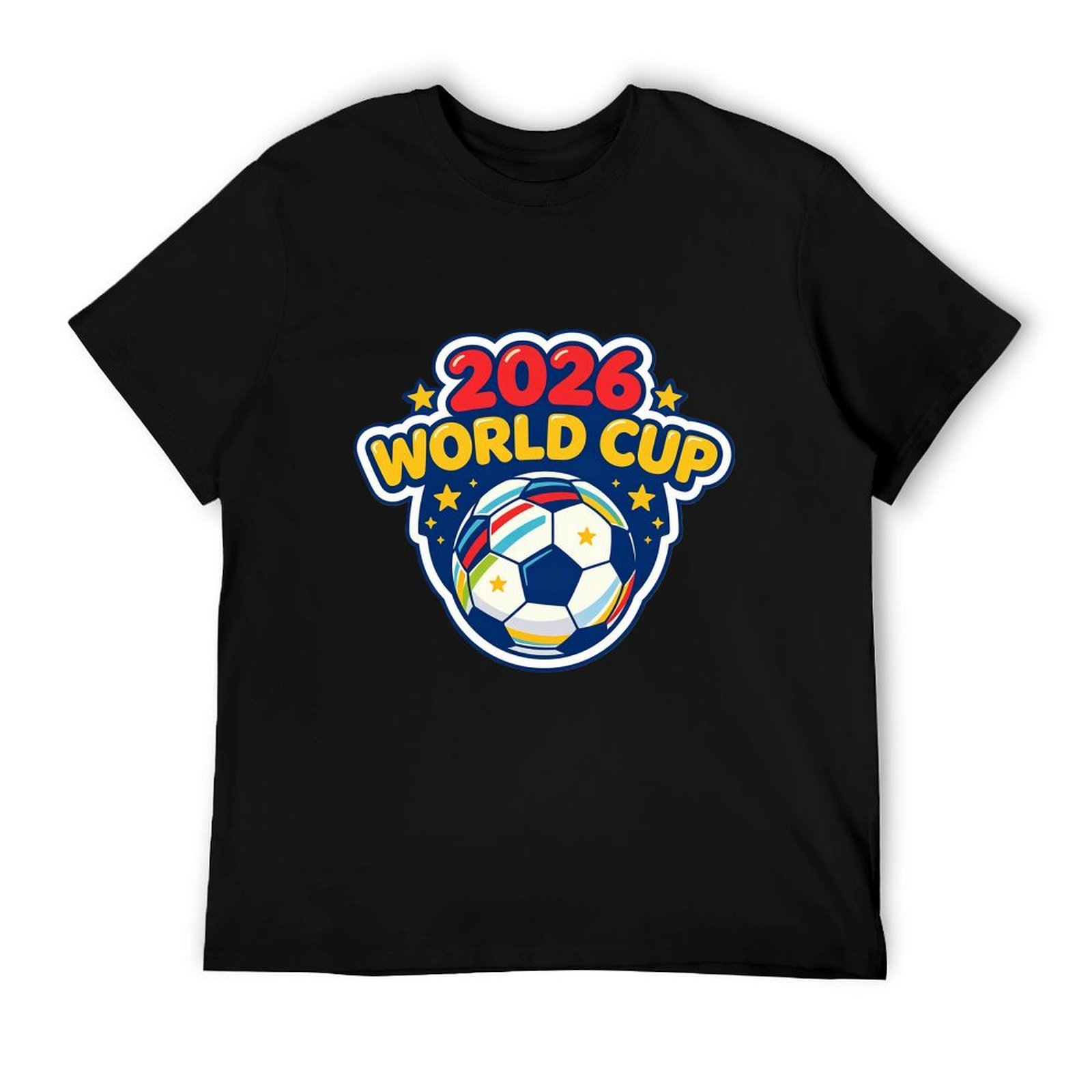 Solid black cotton short sleeve t-shirt with matching cartoon star badge colorful World Cup soccer front print