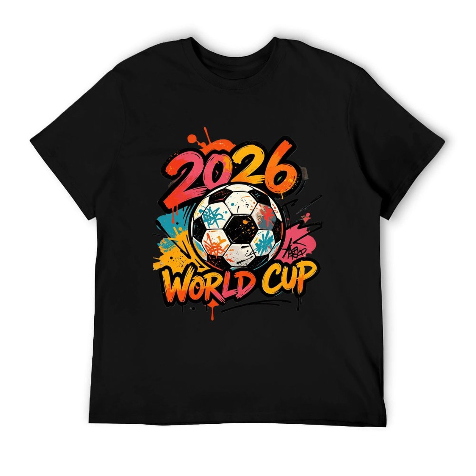 Solid black cotton short sleeve t-shirt with matching colorful drip paint 2026 World Cup soccer front graphic